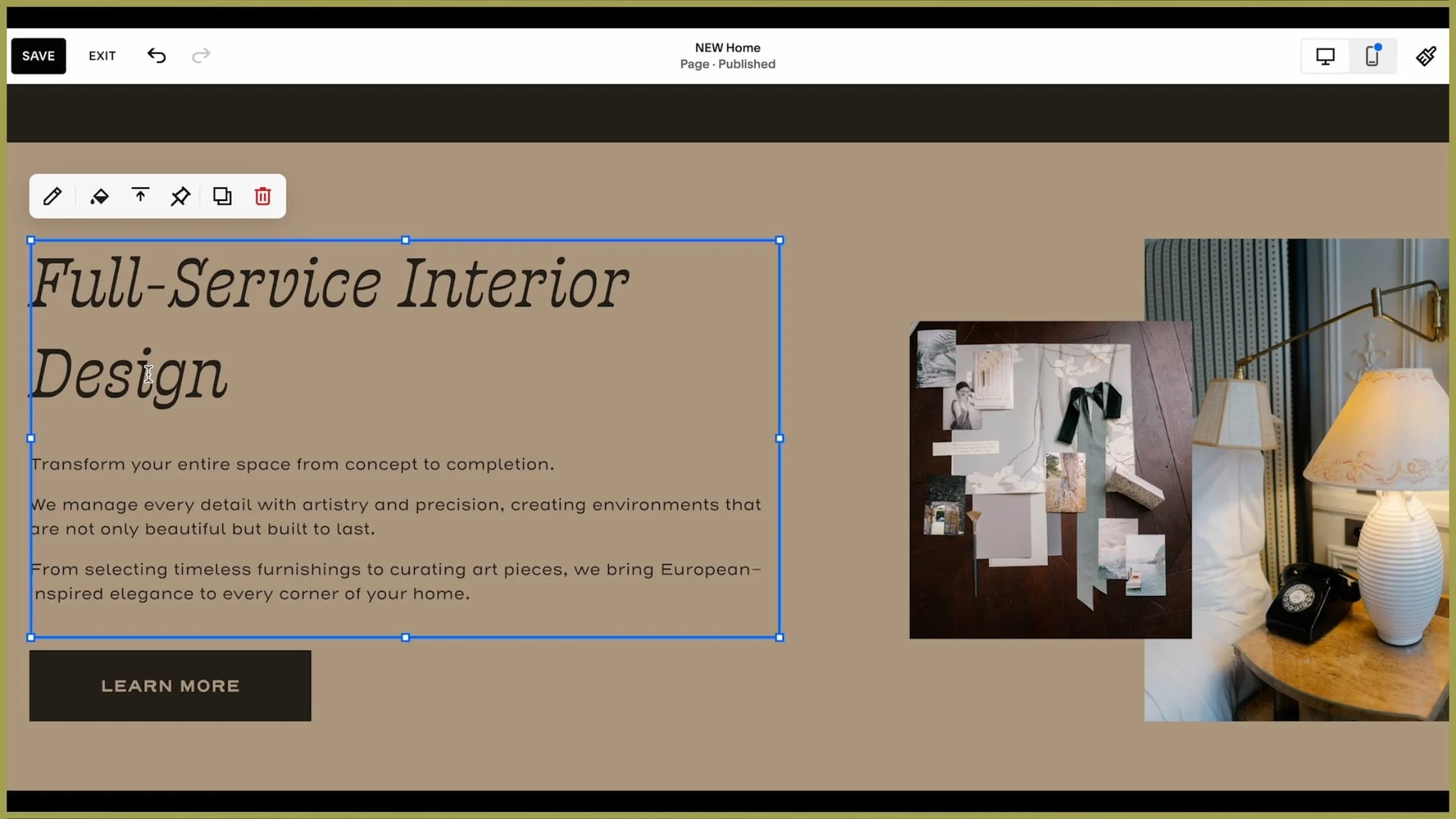Squarespace homepage CTA button
