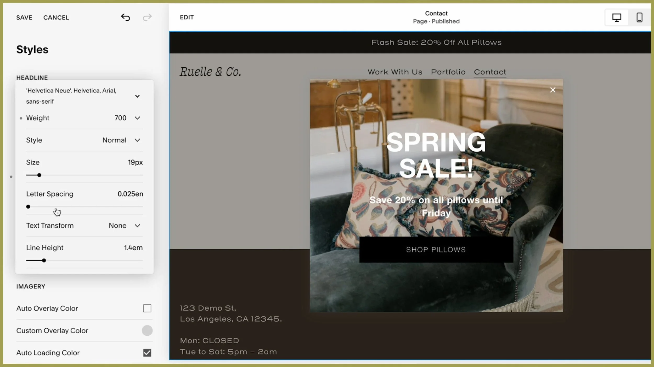 A pillow sale example of a squarespace anouncement bar