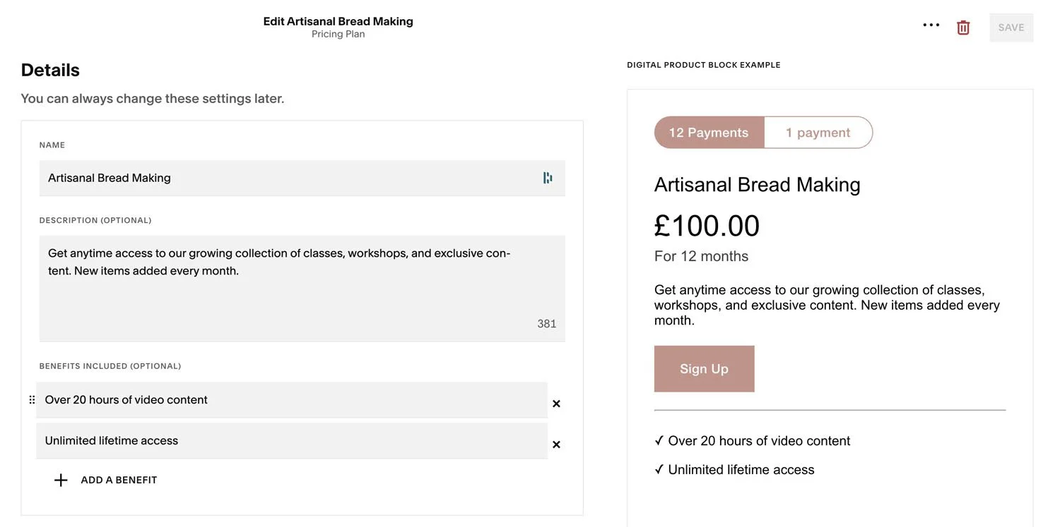 change information in your digital product block