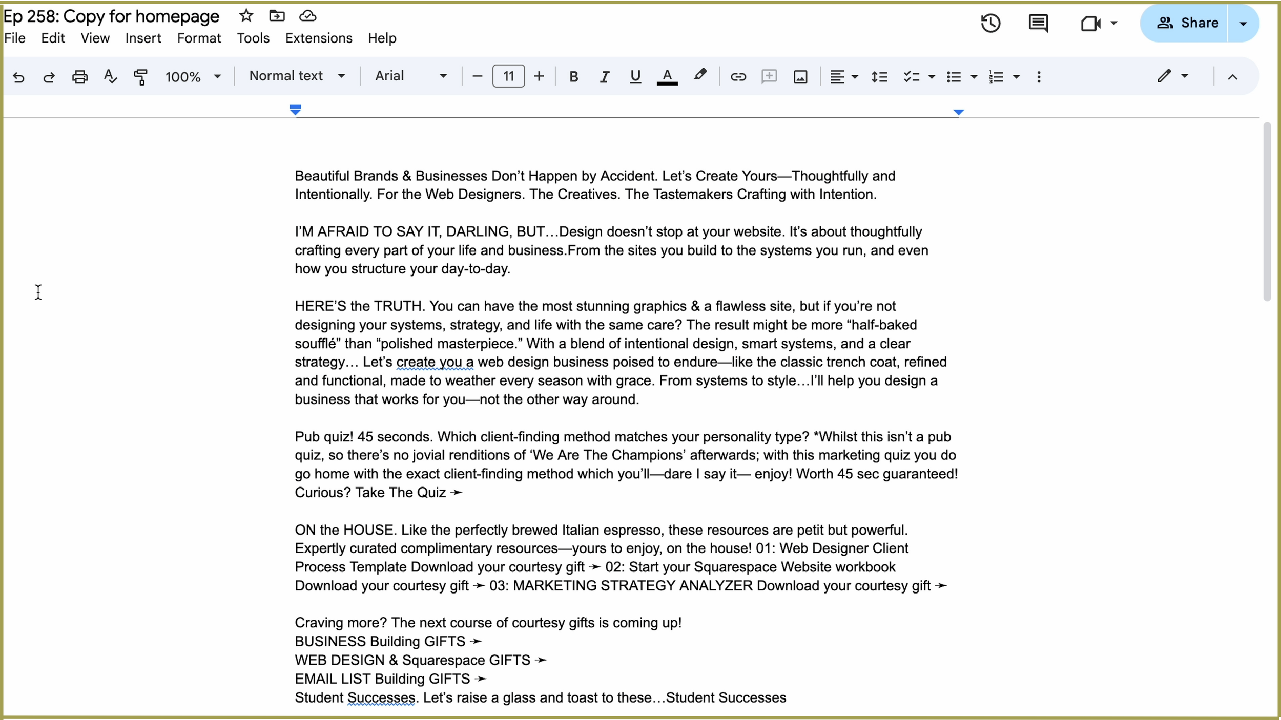 example of draft of website homepage copy text
