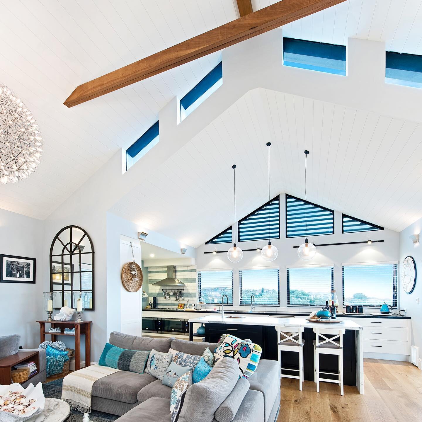 Take a peak inside at this ever impressive cathedral style ceiling with V-groove lining for our Hampton&rsquo;s style residence in Maroubra Beach. Swipe to see how we have tied in the indoor/outdoor living spaces and given this home a bright and open