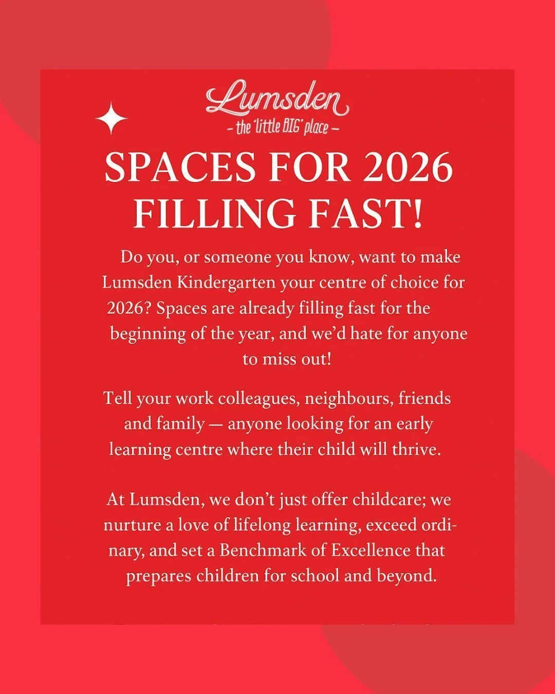 🌟 𝗗𝗼 𝘆𝗼𝘂, 𝗼𝗿 𝘀𝗼𝗺𝗲𝗼𝗻𝗲 𝘆𝗼𝘂 𝗸𝗻𝗼𝘄, 𝘄𝗮𝗻𝘁 𝘁𝗼 𝗺𝗮𝗸𝗲 𝗟𝘂𝗺𝘀𝗱𝗲𝗻 𝗞𝗶𝗻𝗱𝗲𝗿𝗴𝗮𝗿𝘁𝗲𝗻 𝘆𝗼𝘂𝗿 𝗰𝗲𝗻𝘁𝗿𝗲 𝗼𝗳 𝗰𝗵𝗼𝗶𝗰𝗲 𝗳𝗼𝗿 𝟮𝟬𝟮𝟲? 🌟

Spaces are already filling fast for the beginning of the year, and we&rsq