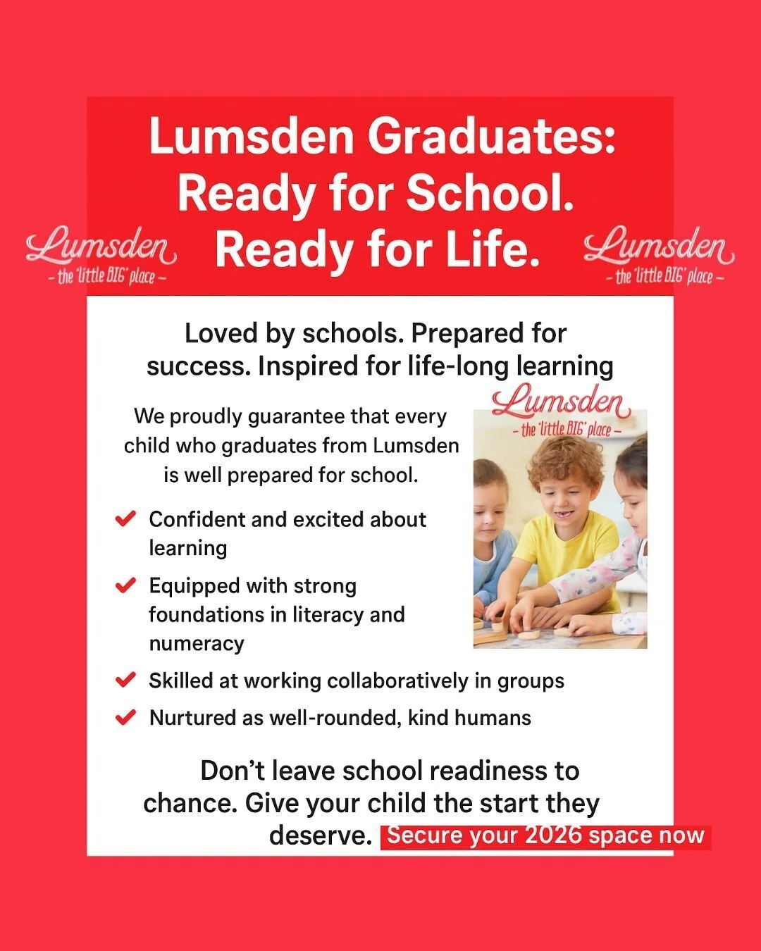 ✨ 𝗜𝘀 𝗬𝗼𝘂𝗿 𝗖𝗵𝗶𝗹𝗱 𝗧𝗿𝘂𝗹𝘆 𝗥𝗲𝗮𝗱𝘆 𝗳𝗼𝗿 𝗦𝗰𝗵𝗼𝗼𝗹? ✨

At Lumsden Kindergarten, preparing children for school isn&rsquo;t just something we do &mdash; 𝙞𝙩&rsquo;𝙨 𝙬𝙝𝙖𝙩 𝙬𝙚&rsquo;𝙧𝙚 𝙠𝙣𝙤𝙬𝙣 𝙛𝙤𝙧 𝙖𝙘𝙧𝙤𝙨𝙨 𝙃𝙖𝙬𝙠𝙚&