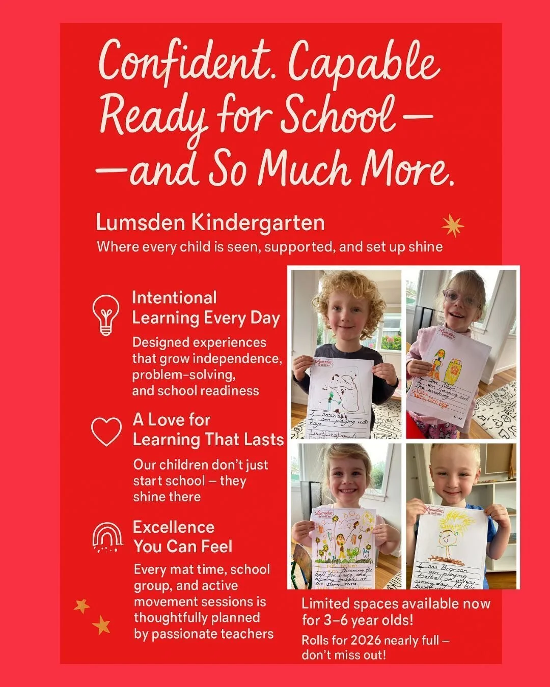 📘✨ 𝗖𝗢𝗡𝗙𝗜𝗗𝗘𝗡𝗧. 𝗖𝗔𝗣𝗔𝗕𝗟𝗘. 𝗥𝗘𝗔𝗗𝗬 𝗙𝗢𝗥 𝗦𝗖𝗛𝗢𝗢𝗟 &mdash; 𝗔𝗡𝗗 𝗦𝗢 𝗠𝗨𝗖𝗛 𝗠𝗢𝗥𝗘. ✨📘

At Lumsden Kindergarten, we&rsquo;re proud to be the benchmark of excellence &mdash; where children grow in confidence, curiosity, and 