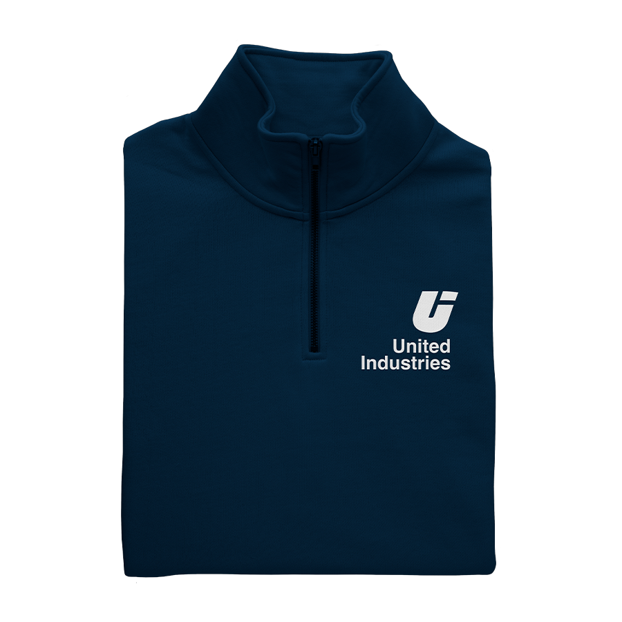A navy blue quarter-zip pullover with a black zipper, featuring a white logo and text that reads "United Industries" on the left chest.