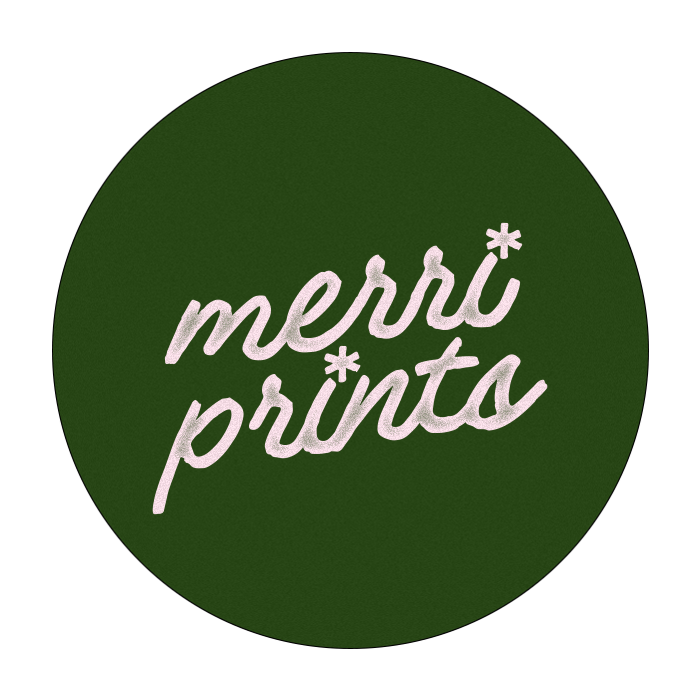 Green circular logo with white cursive text that reads 'merriprints'.