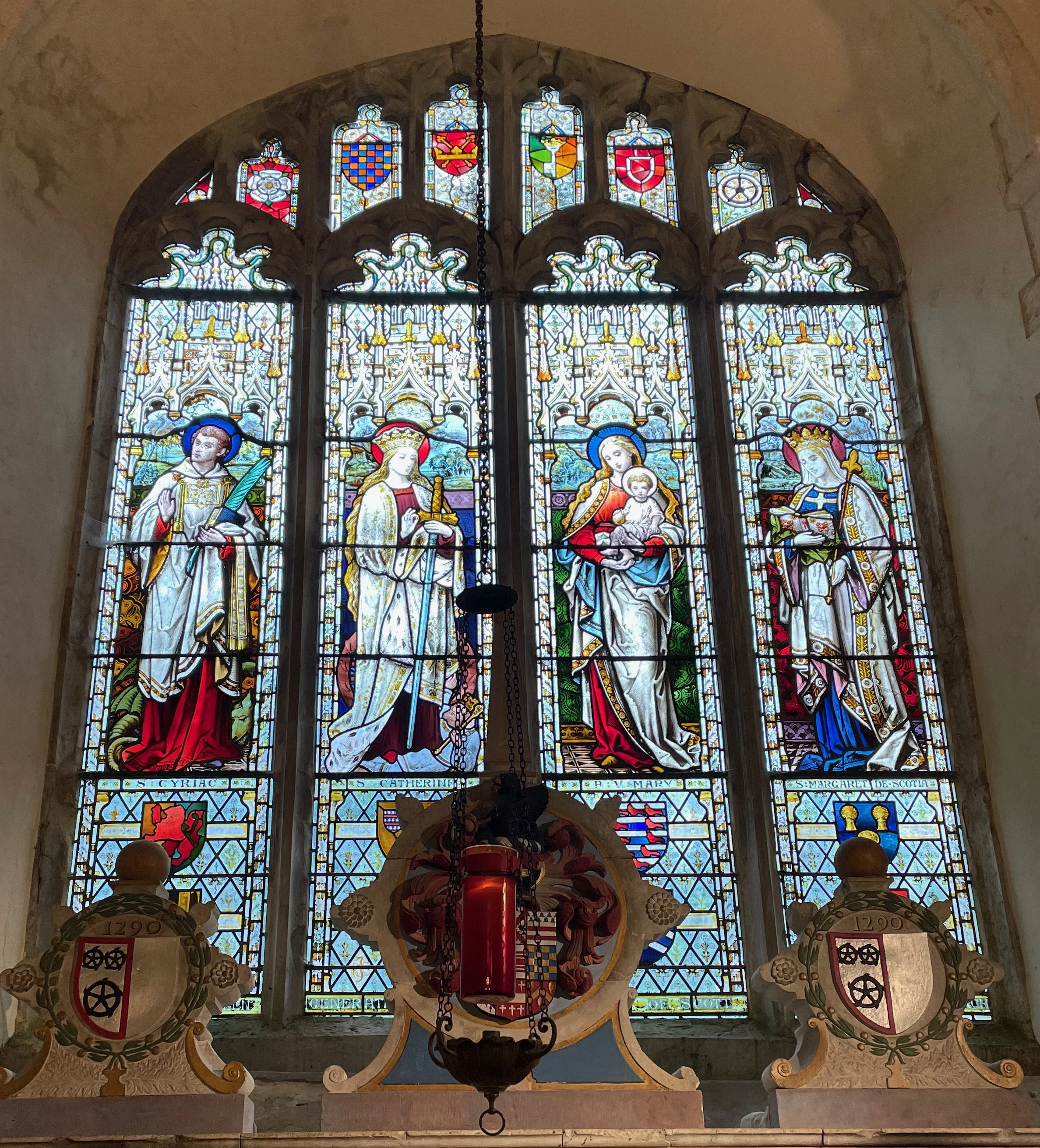 Victorian East Windows showing St Cyriac, St Catherine, The Blessed Virgin Mary & St Margaret of Scotland