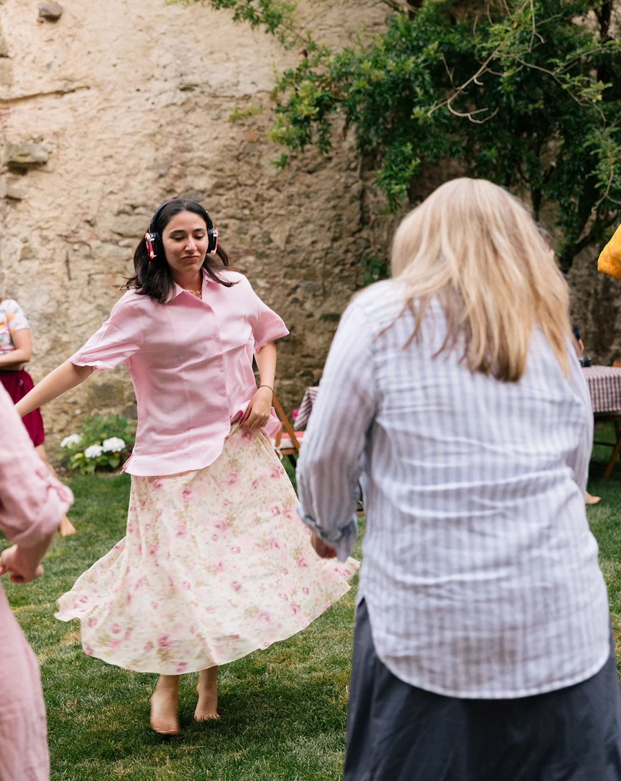 Silent disco in a château courtyard.