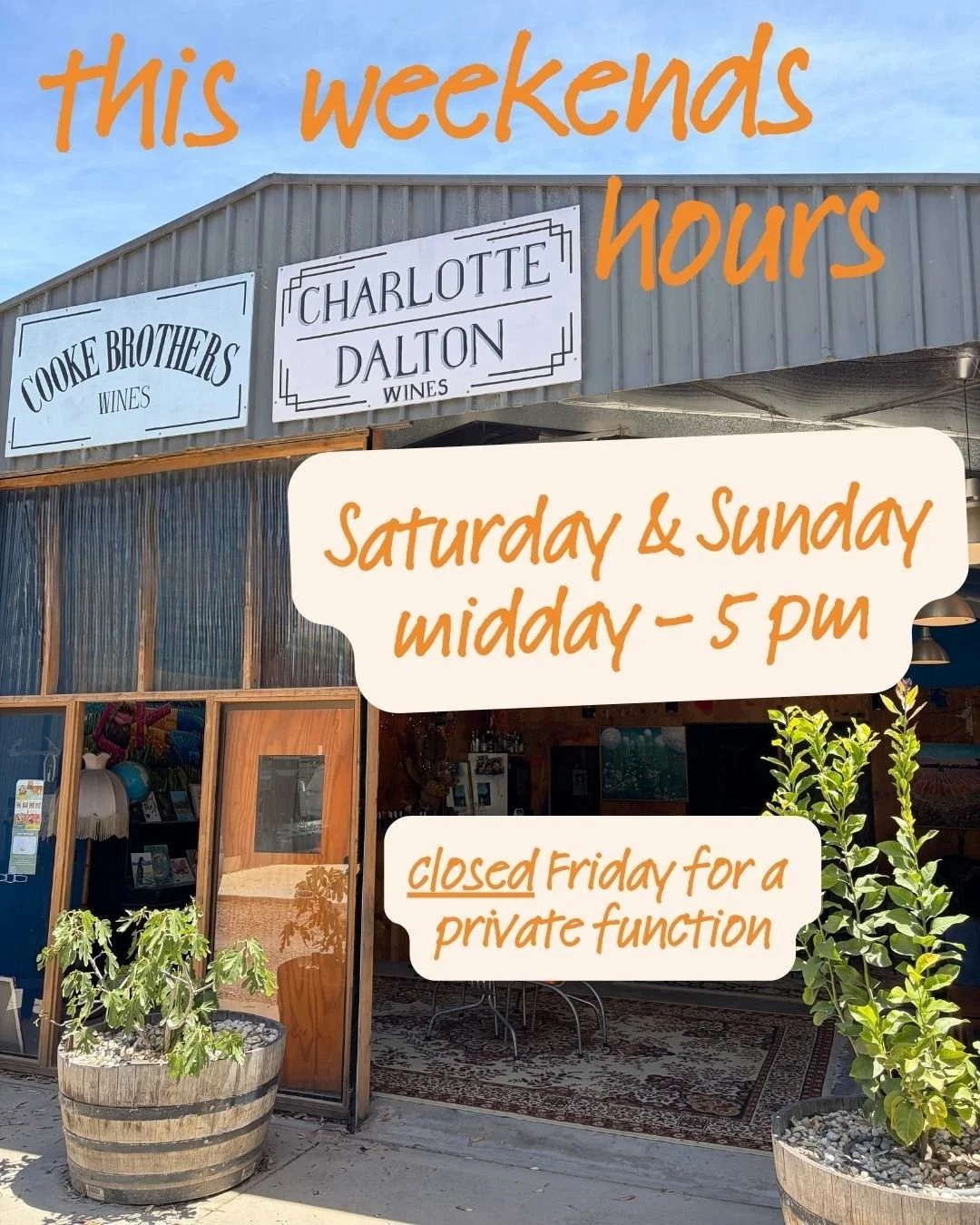 Open Saturday and Sunday as usual.

Closed Friday for a special event.