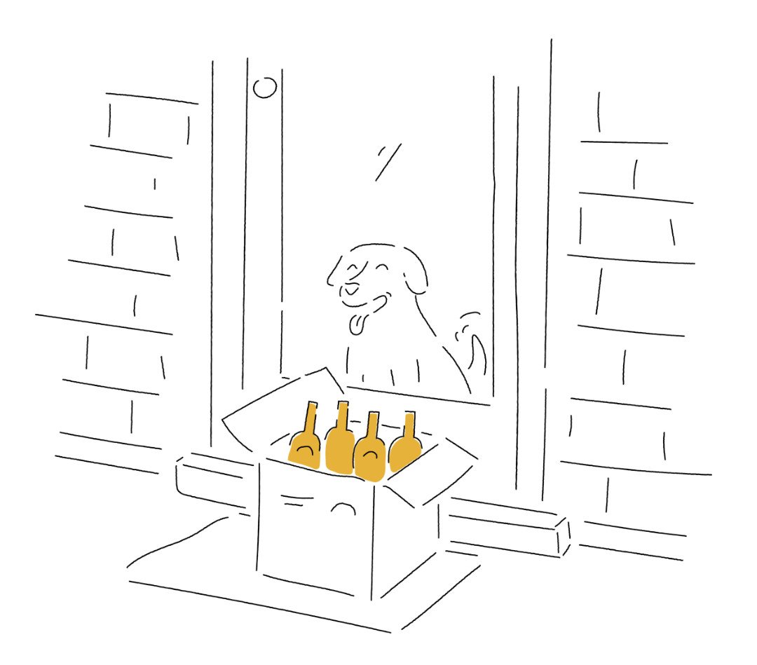 Line drawing of a dog looking out a window with a box of four bottles on the windowsill.