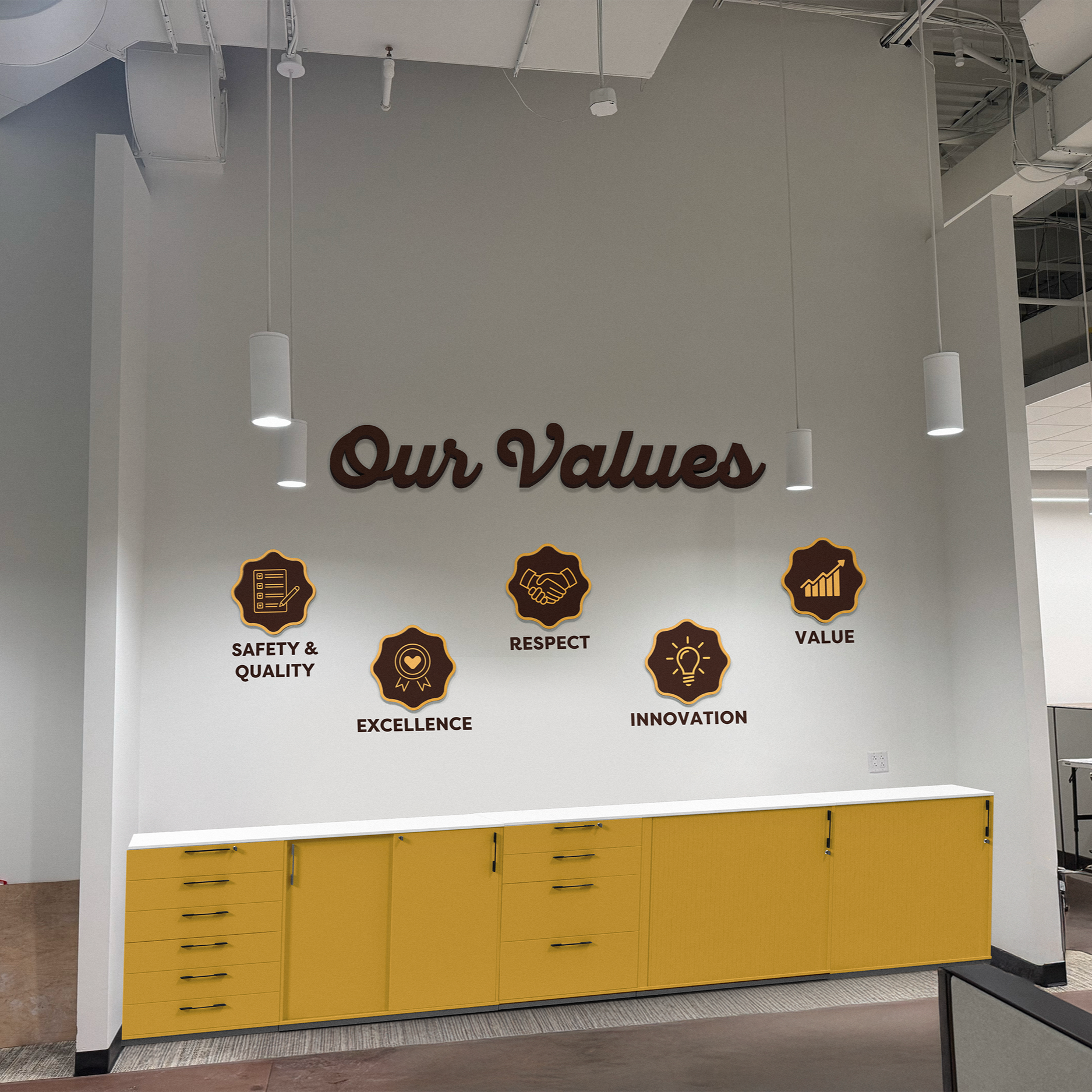 Company vales with dimensional letters and badges.