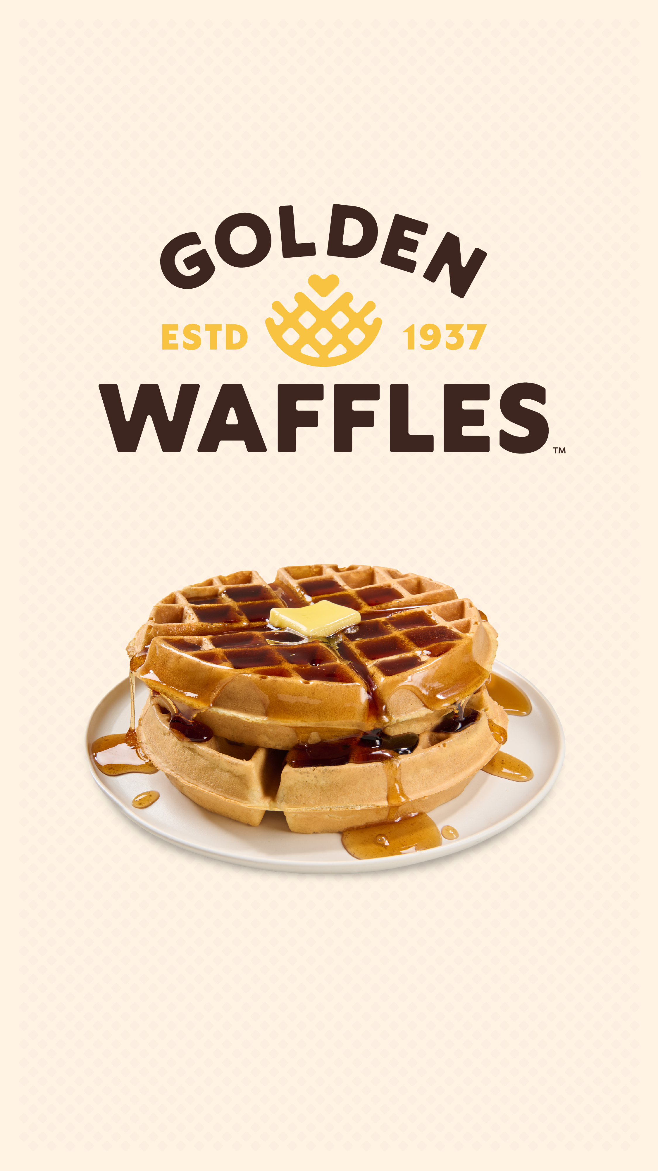 Waffle stack with syrup and Golden Waffles logo.