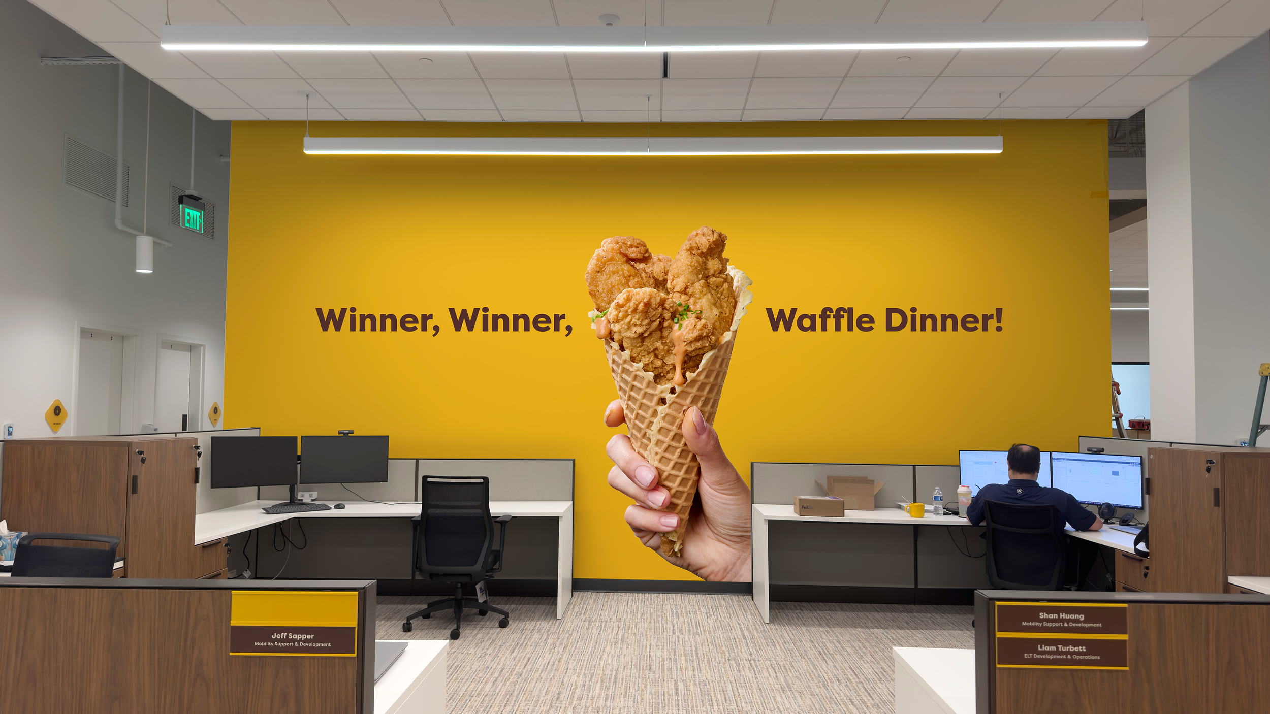 Large vinyl image of waffle cone with chicken strips and bacon.