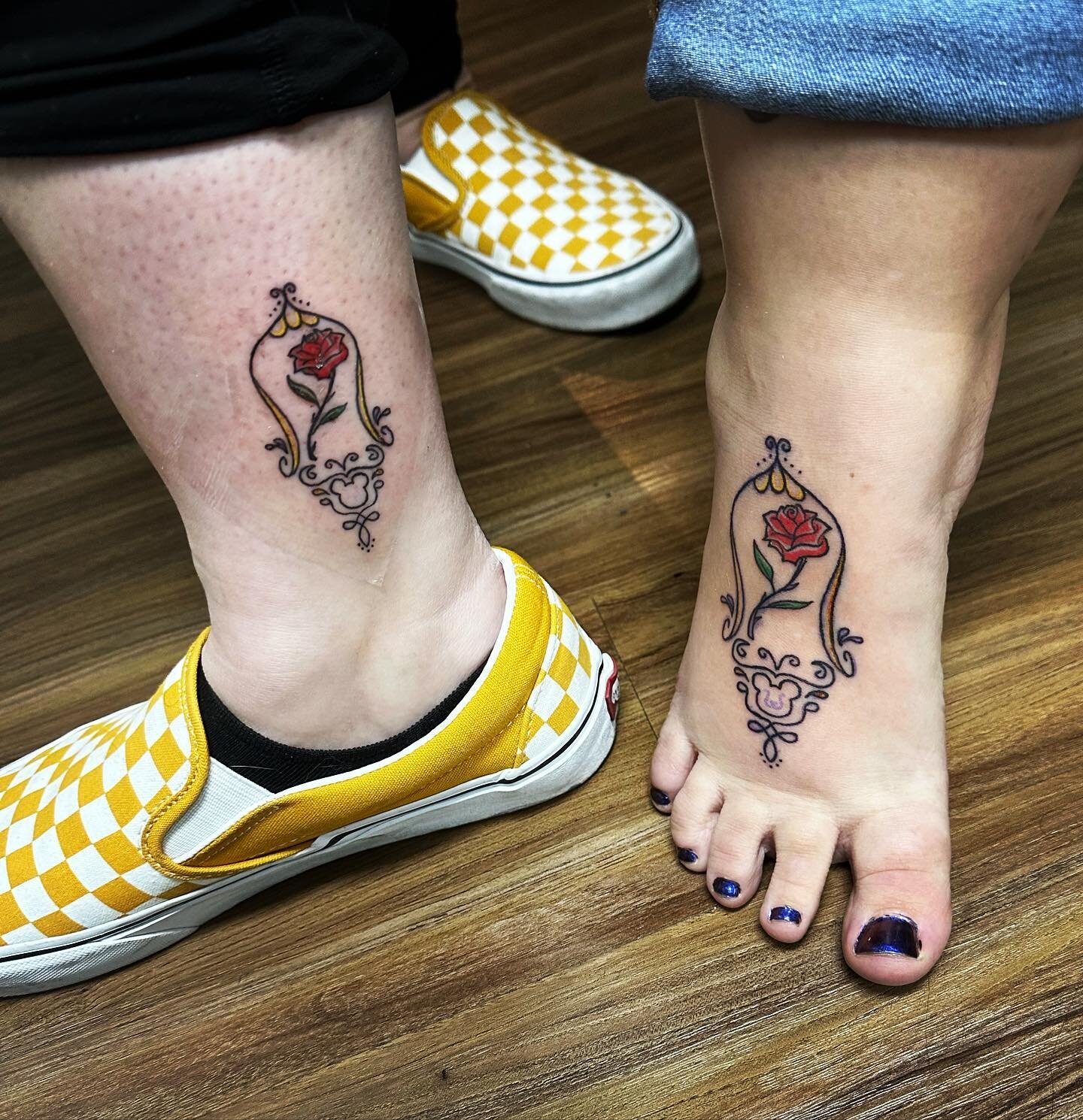 Best friend matching tattoos for two disney loving gals! I&rsquo;m always down for helping you come up with a design for you and the cool ppl in your life!! #disney #beautyandthebeast #disneytattoo #beautyandthebeasttattoo #bfftattoo #matchingtattoo 