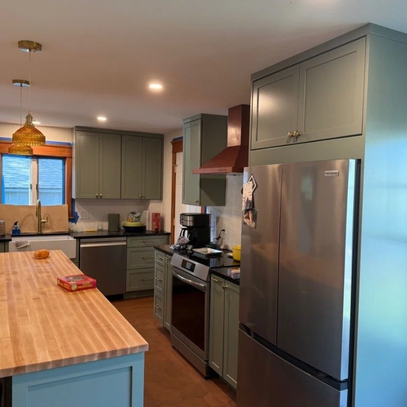 SoPo project is in the home stretch ✨

The custom trim is being stained to perfectly match the home&rsquo;s existing woodwork &mdash; one of those subtle details that makes the renovation feel seamless and original to the house.

The island pendants 