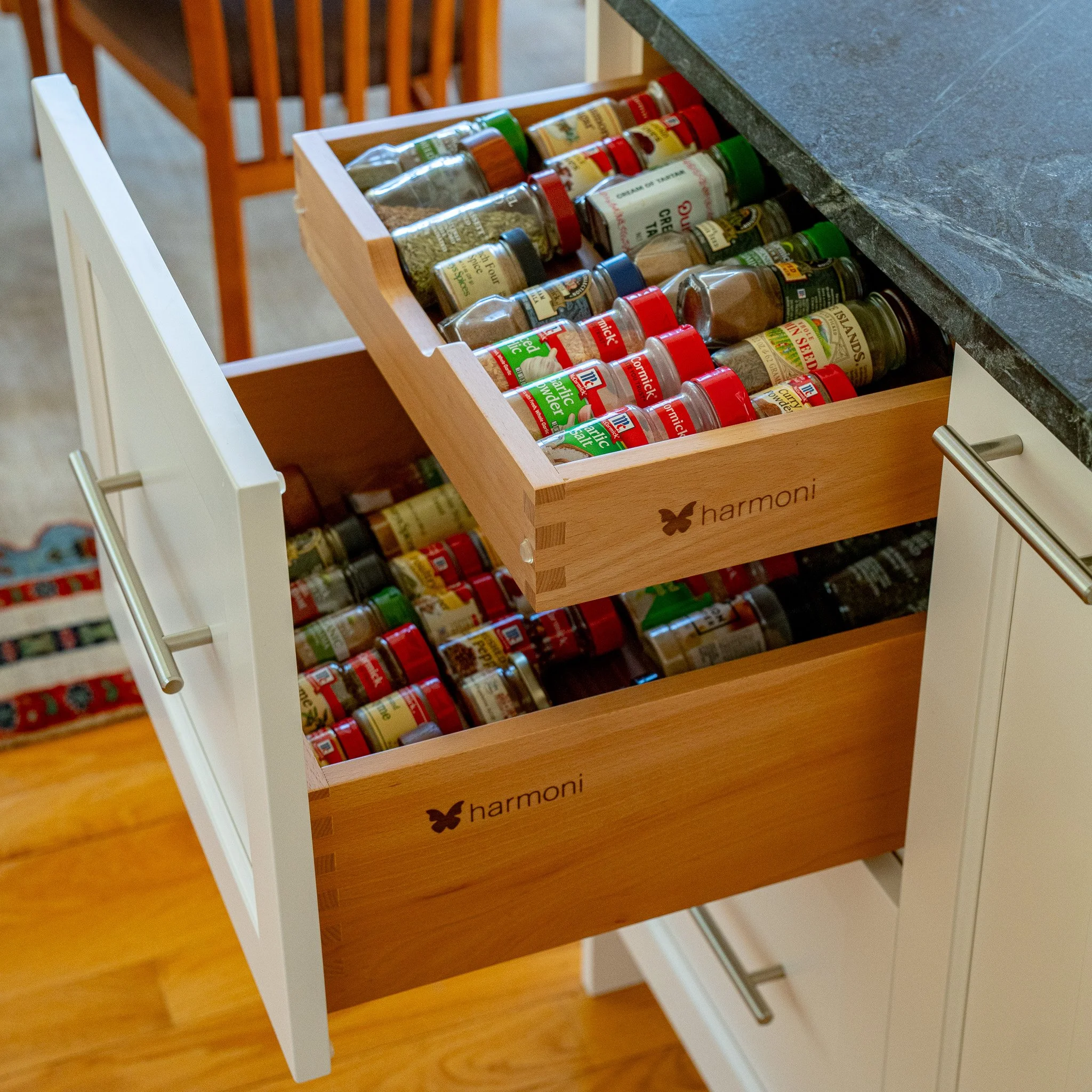 Spice drawer organizer in kitchen design in Harpswell, Maine