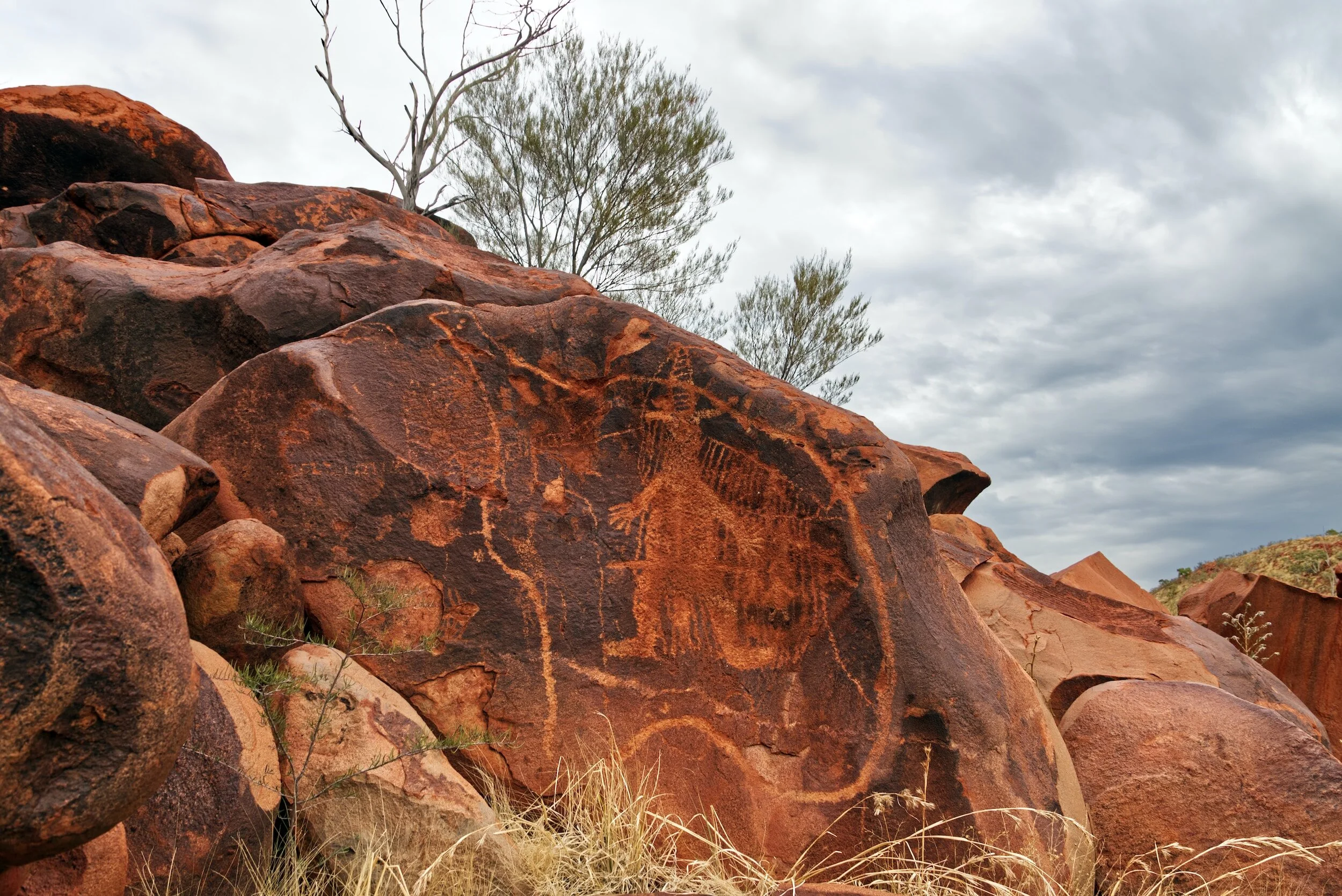 Ancient petroglyphs etched into red rocks in a desert landscape with sparse vegetation and a cloudy sky.