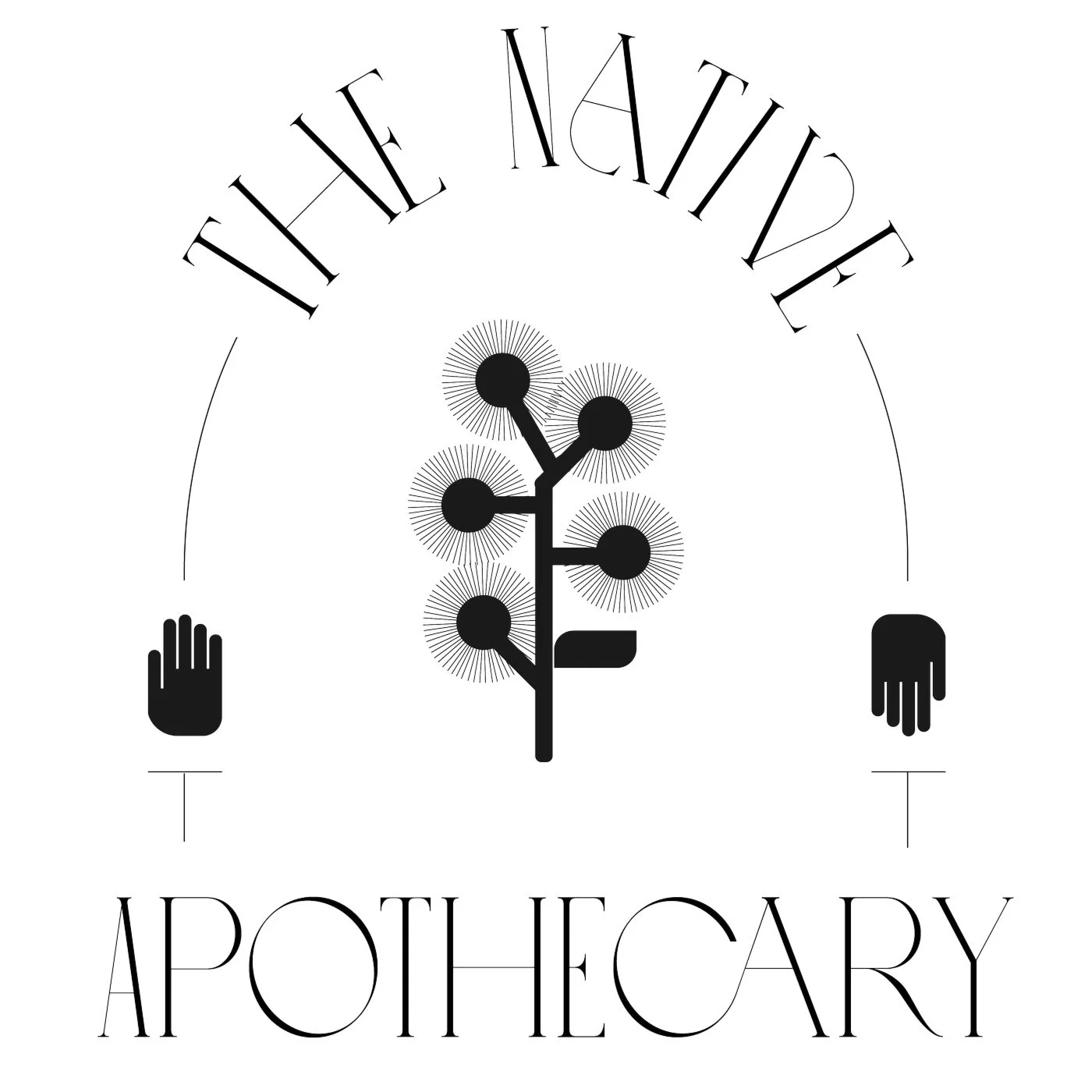 Black and white logo with the words 'The NATIVE Apothecary'. A stylized plant with multiple round elements, two hands on either side.