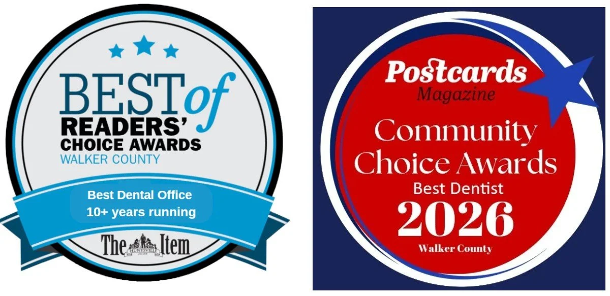 Two circular award badges. The left badge is for "Best of Readers' Choice Awards Walker County", featuring a blue banner for "Best Dental Office 10+ years running" from The Item. The right badge is for "Community Choice Awards 2026" by Postcards Magazine, recognizing the "Best Dentist" in Walker County.
