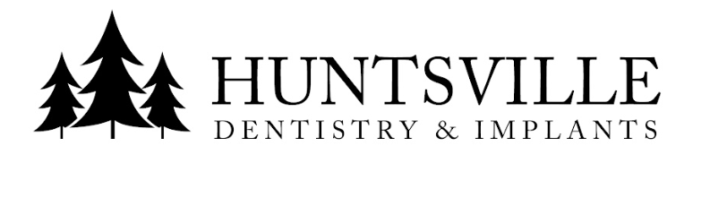 Huntsville Dentistry & Implants logo with three stylized pine trees to the left of the text.