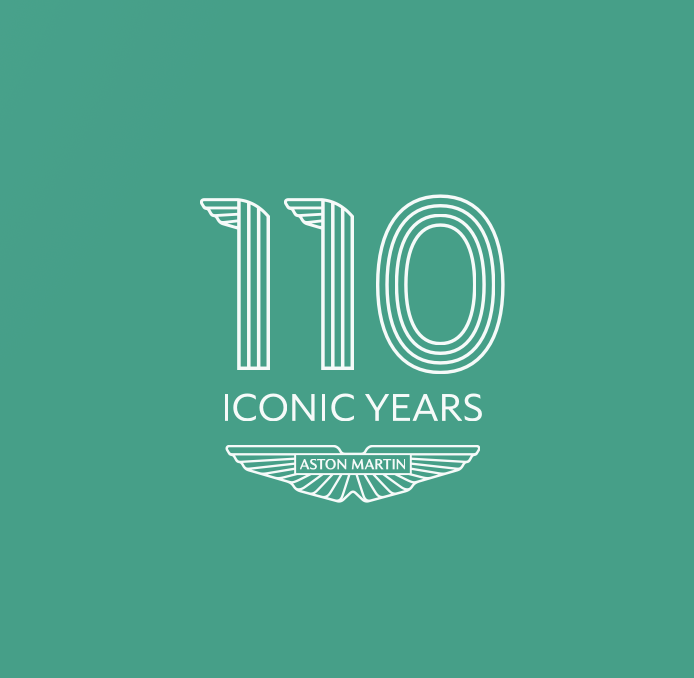 Graphic celebrating 110 years of Aston Martin with a teal background, white outline text, and a winged logo.