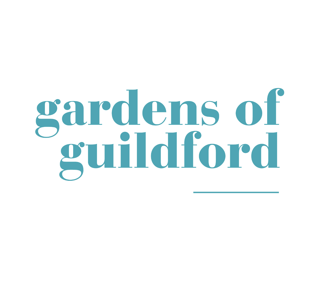Text logo that reads "gardens of guildford" in teal font with a line underneath, on a white background.