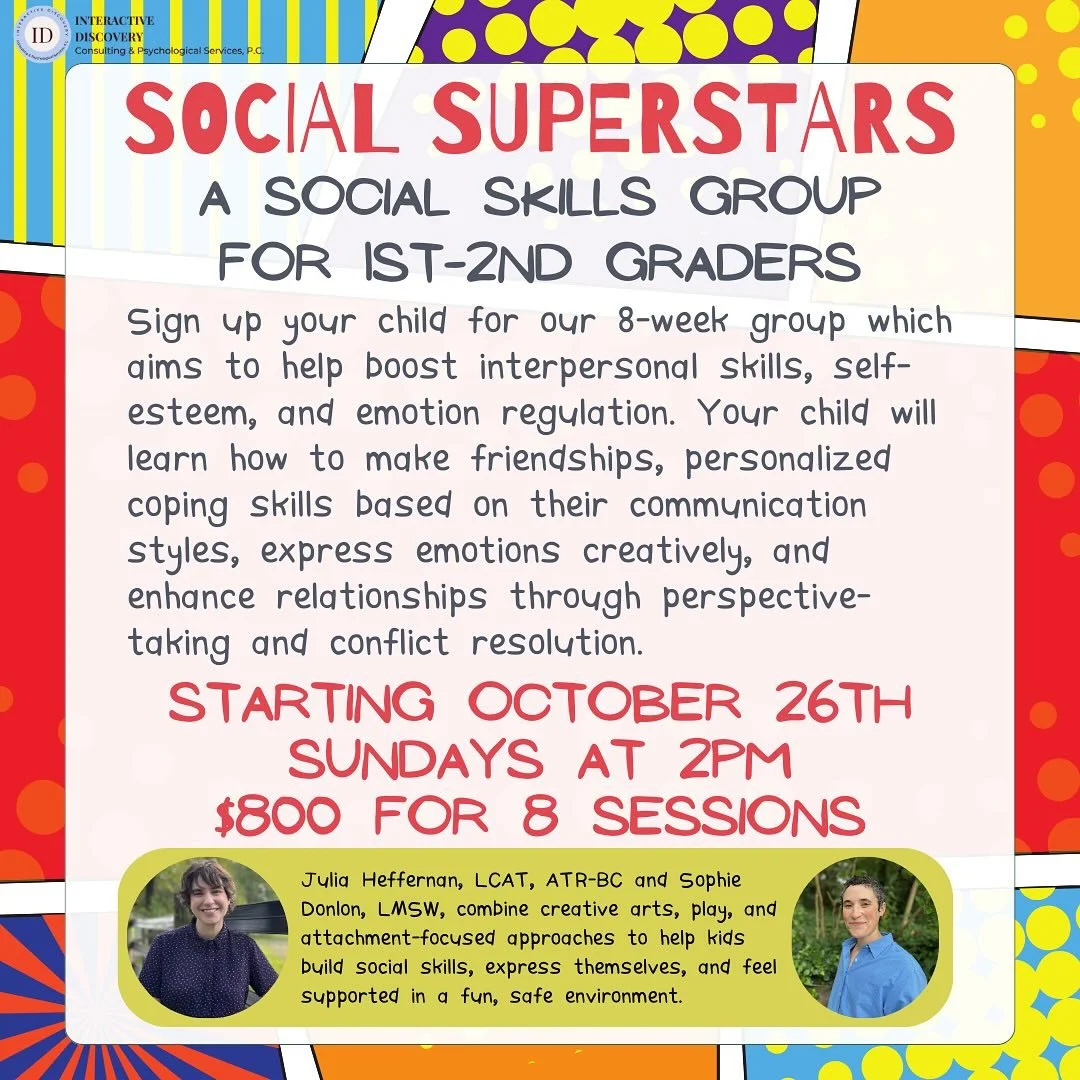 Ready to Level Up Your Kid’s Social Superpowers? π¦Έ‍βοΈπ¦Έ‍βοΈ
Hey Brooklyn families! π Get ready for a blast because we’re launching a fun, 8-week Social Skills Group designed just for 1st and 2nd graders!
Is your child looking t