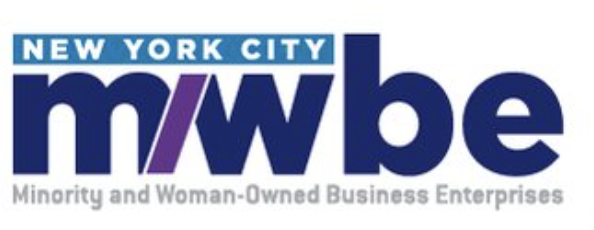 Logo for NYC Minority and Woman-Owned Business Enterprises (MWBE) with blue, purple, and gray text.