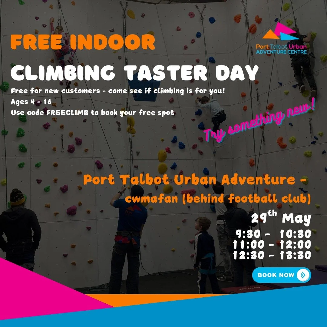 Still some places on our FREE HALF TASTER SESSION!

We are running a series of 1 hour climbing sessions for 4-16 year olds at our indoor wall in Cwmafan.
If it's your first time joining us, you can book a spot completely free! If you enjoy it, you ca
