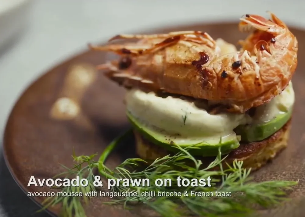 Penny's avocado mousse with a langoustine on a chilli brioche and French toast MasterchefS5E14.jpg