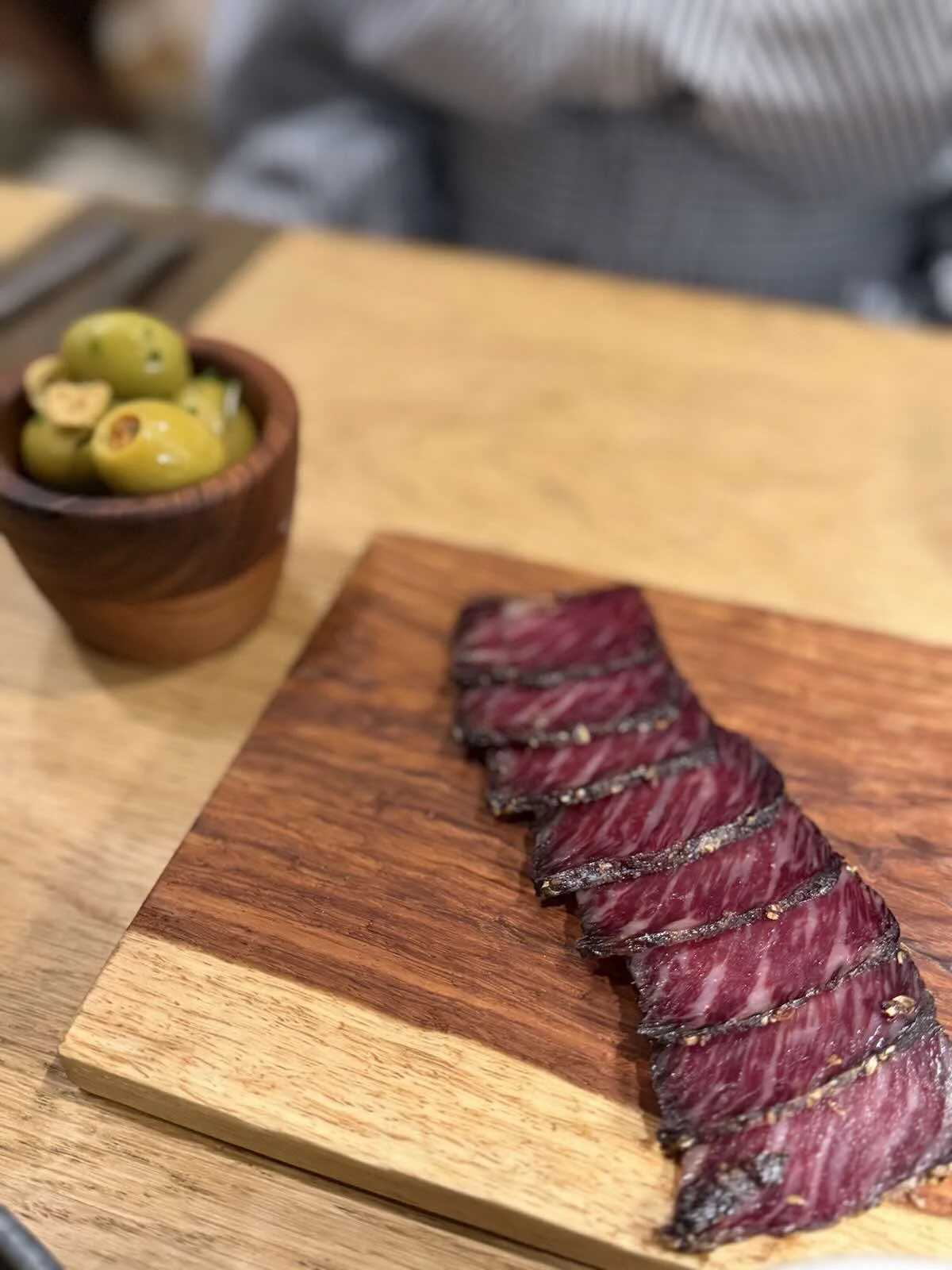 N’duja stuffed olives and wagyu biltong