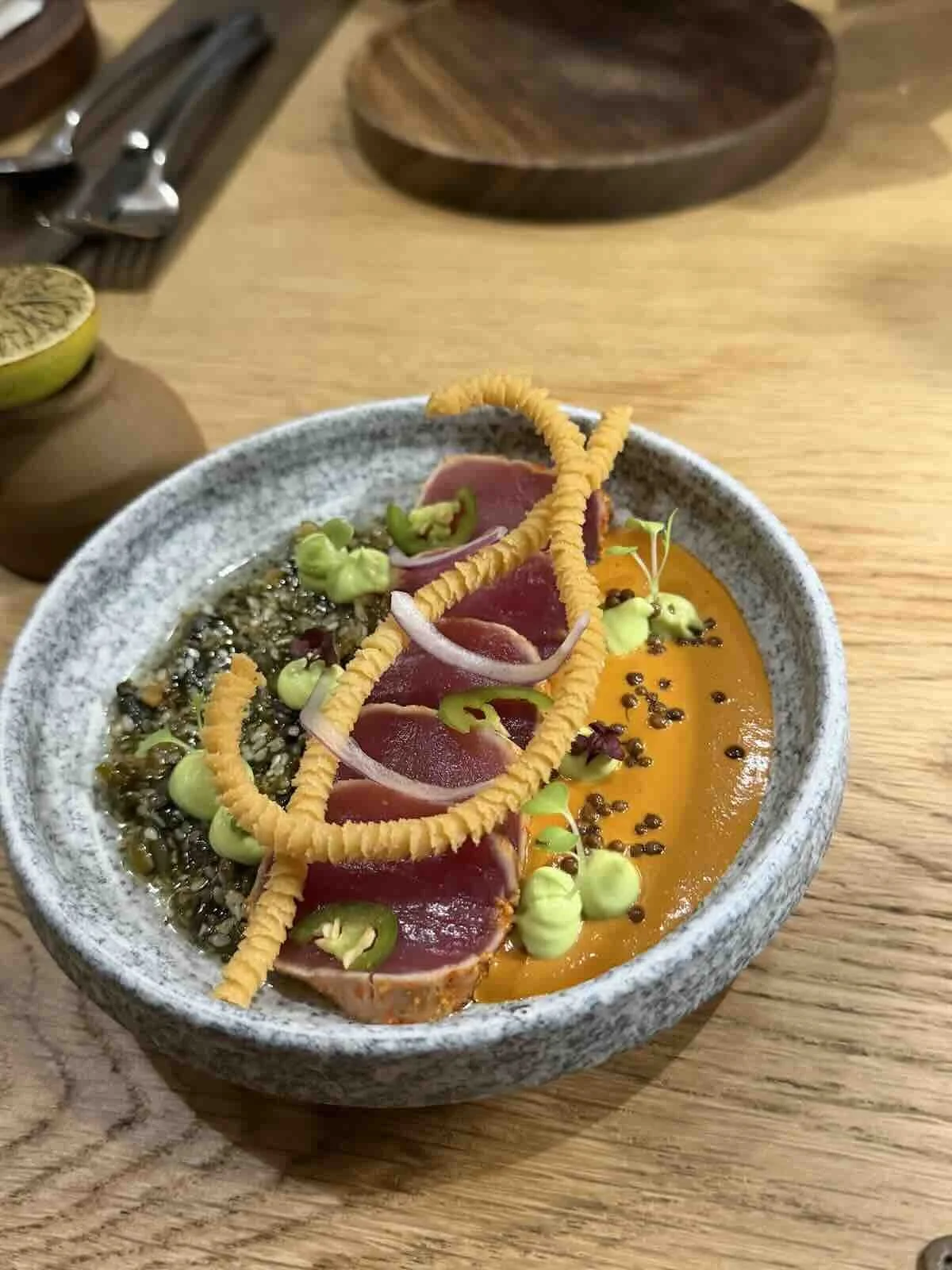 Tuna Divorciados with salsa macha, macha verde, avocado and masa crisp - to die for.