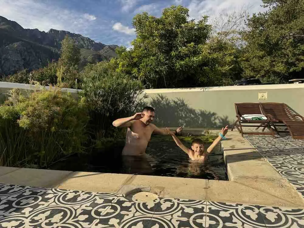 At Ou Skool accommodation in Robertson, the patio has an eco-friendly swimming pool that relies entirely on the natural filtration of plant roots rather than chemicals. Despite the water being freezing, Aiden and I braved the cold for a quick dip.