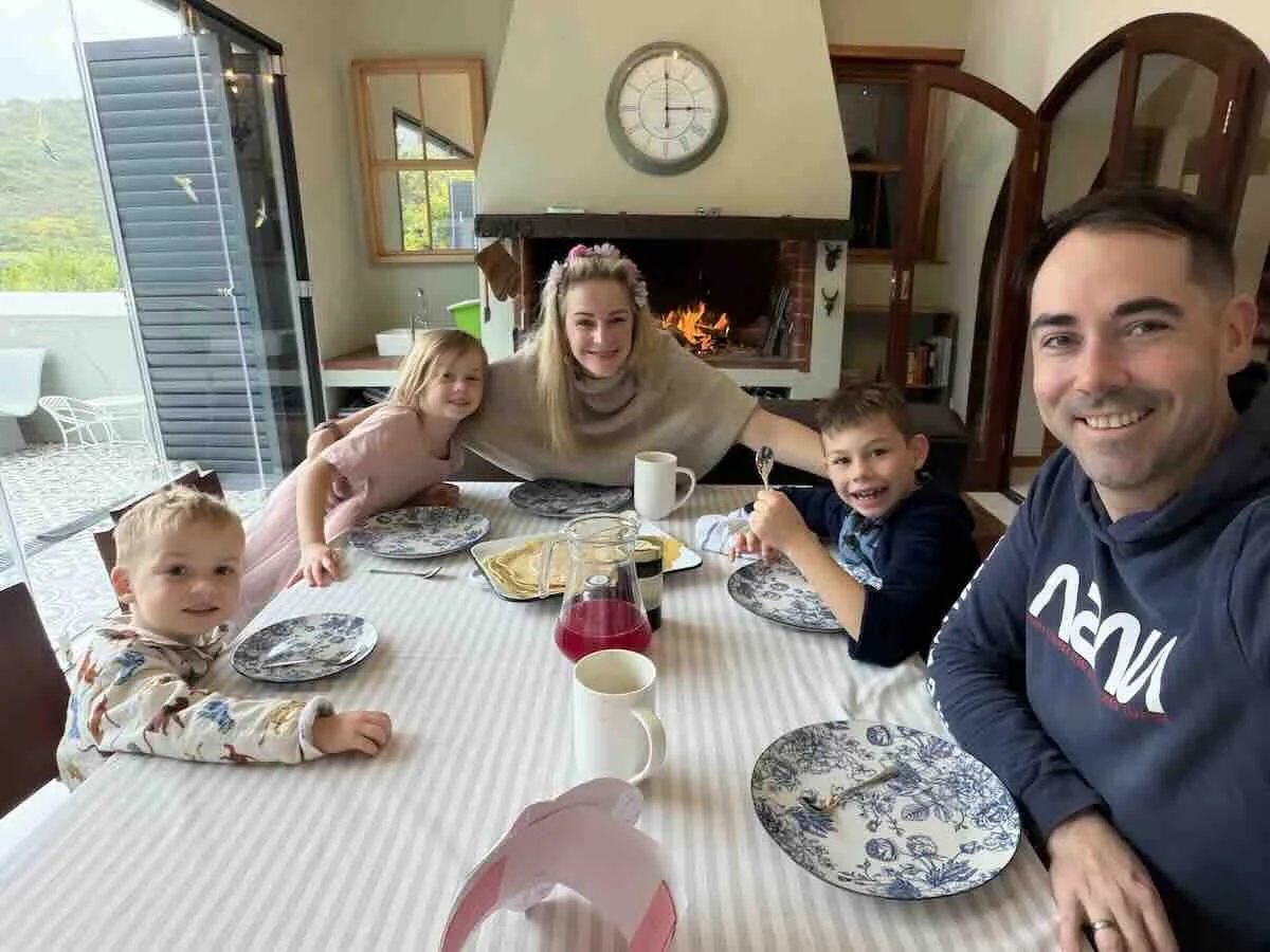 MasterChef winner Shawn Godfrey and his wife Lianne (also known as The Roasted Mom on Instagram), and their three children Aiden, Olivia and Harvey. The picture was taken on Mother's Day, at Ou Skool accommodation in Robertson, pancake breakfast.