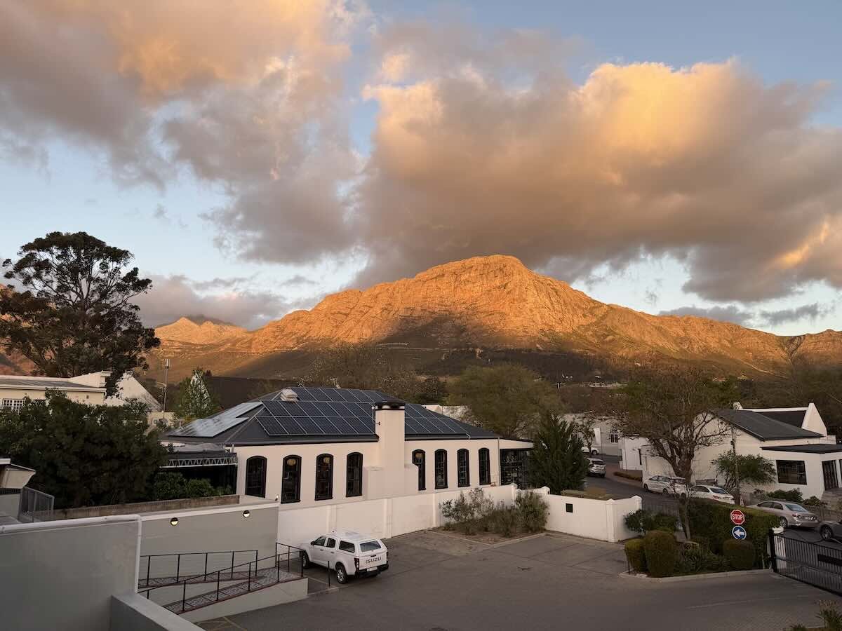 Reuben's restaurant and a beautiful mountain view taken from Franschhoek boutique hotel, which is at walking distance of many restaurants.