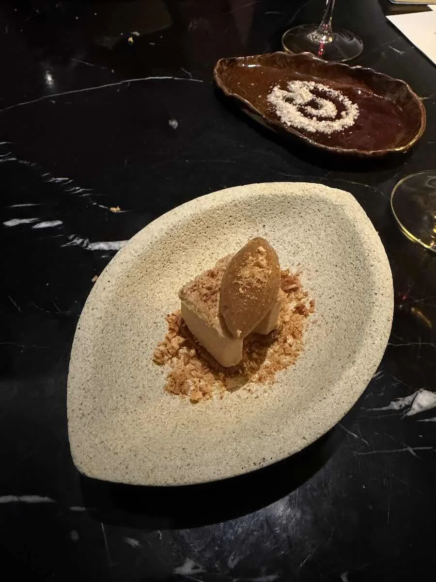 Milk tart as a contemporary cheesecake crunchy honeycomb with cinnamon sorbet by pastry chef Thando