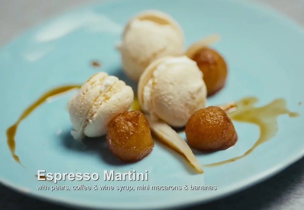 Penny's Espresso Martini with pears, coffee and wine syrup with mini macarons and bananas MasterchefS5E14.jpg