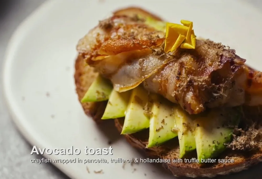 Bridget's avocado toast (crayfish wrapped in pancetta with truffle oil and hollandaise with truffle butter sauce) MasterchefS5E14.jpg