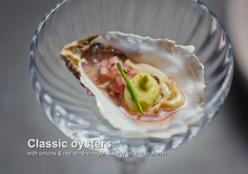 Chanel's classic oysters with onions and red wine vinegar and a spicy avocado crema MasterchefS5E14.jpg