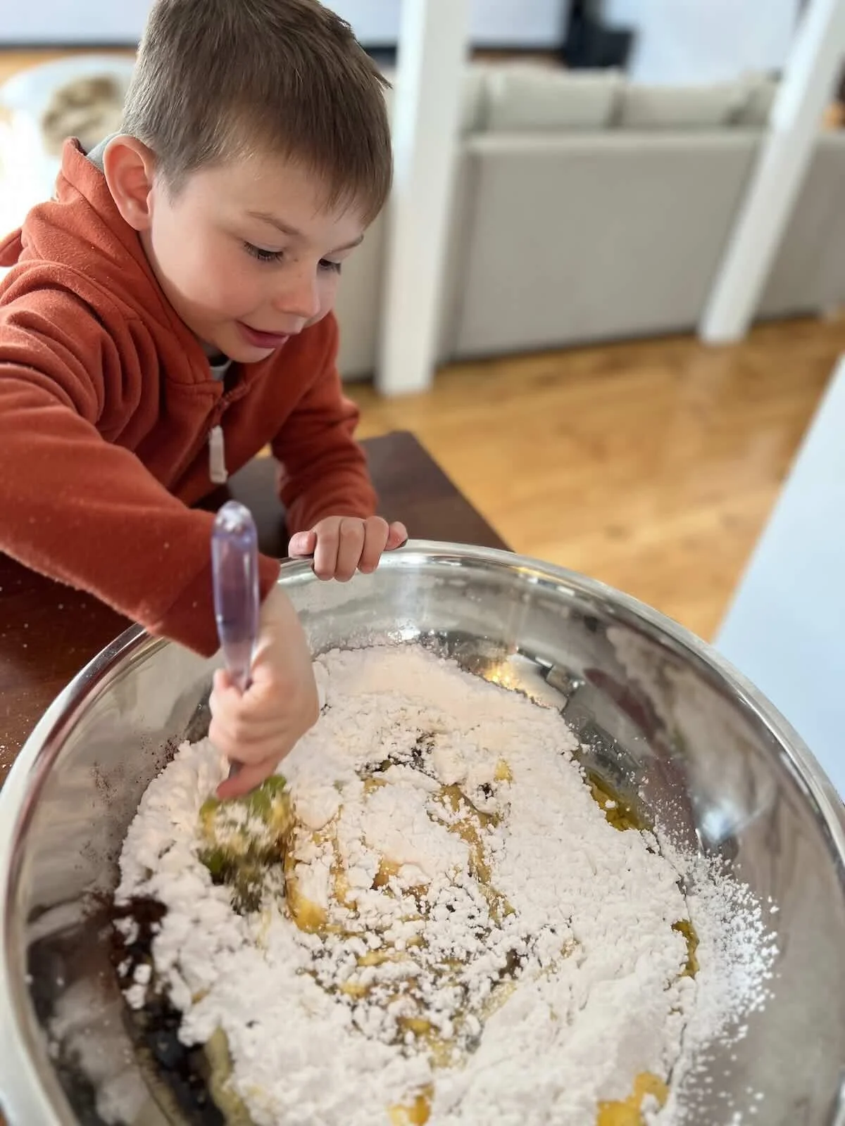 Marie biscuit fudge - Aiden mixing