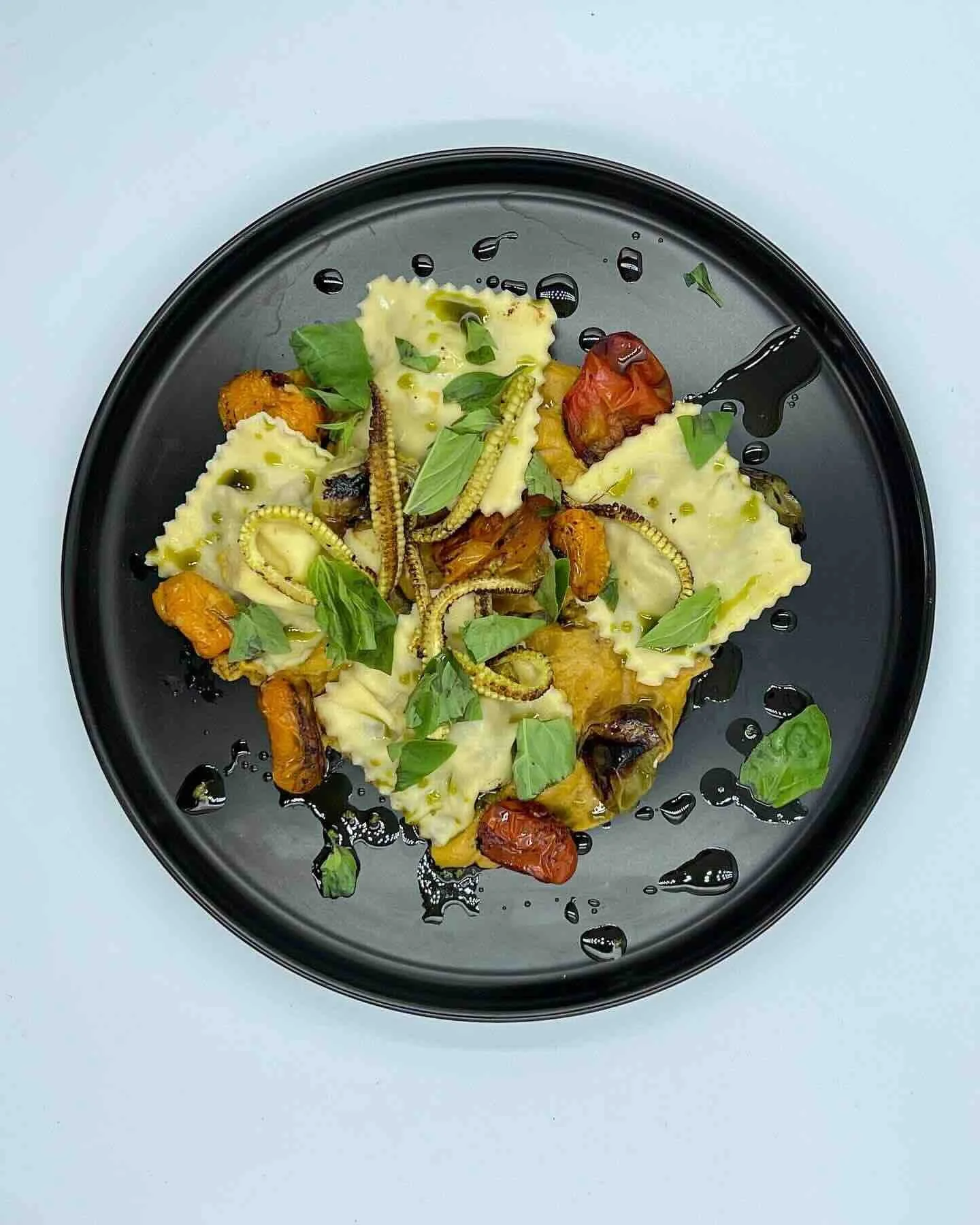Vegetarian Ravioli with Mushroom, Pecan Nut, Onion and Labneh Ravioli with Butternut and Sweet Potato Purée