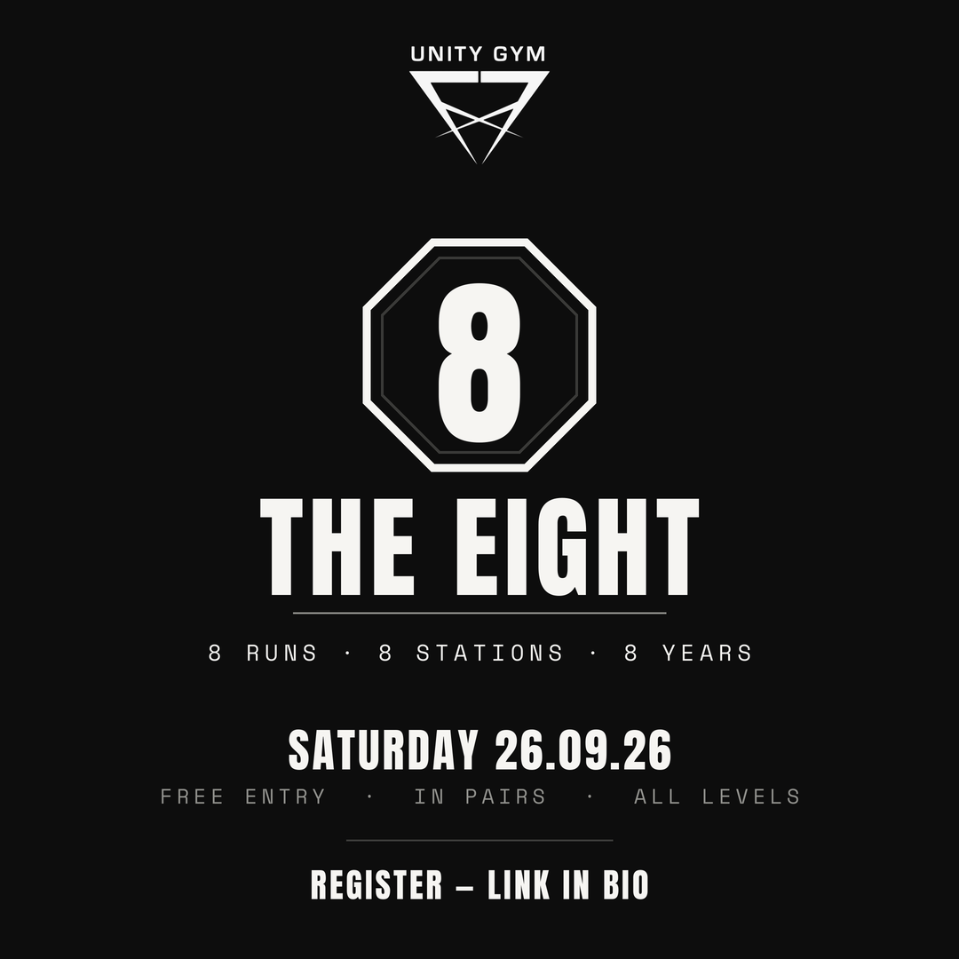 Black poster for Unity Gym event titled "The Eight" with a large number 8 inside a hexagon, details about the event including date 26.09.26, free entry, in pairs, all levels, and a call to register via link in bio.