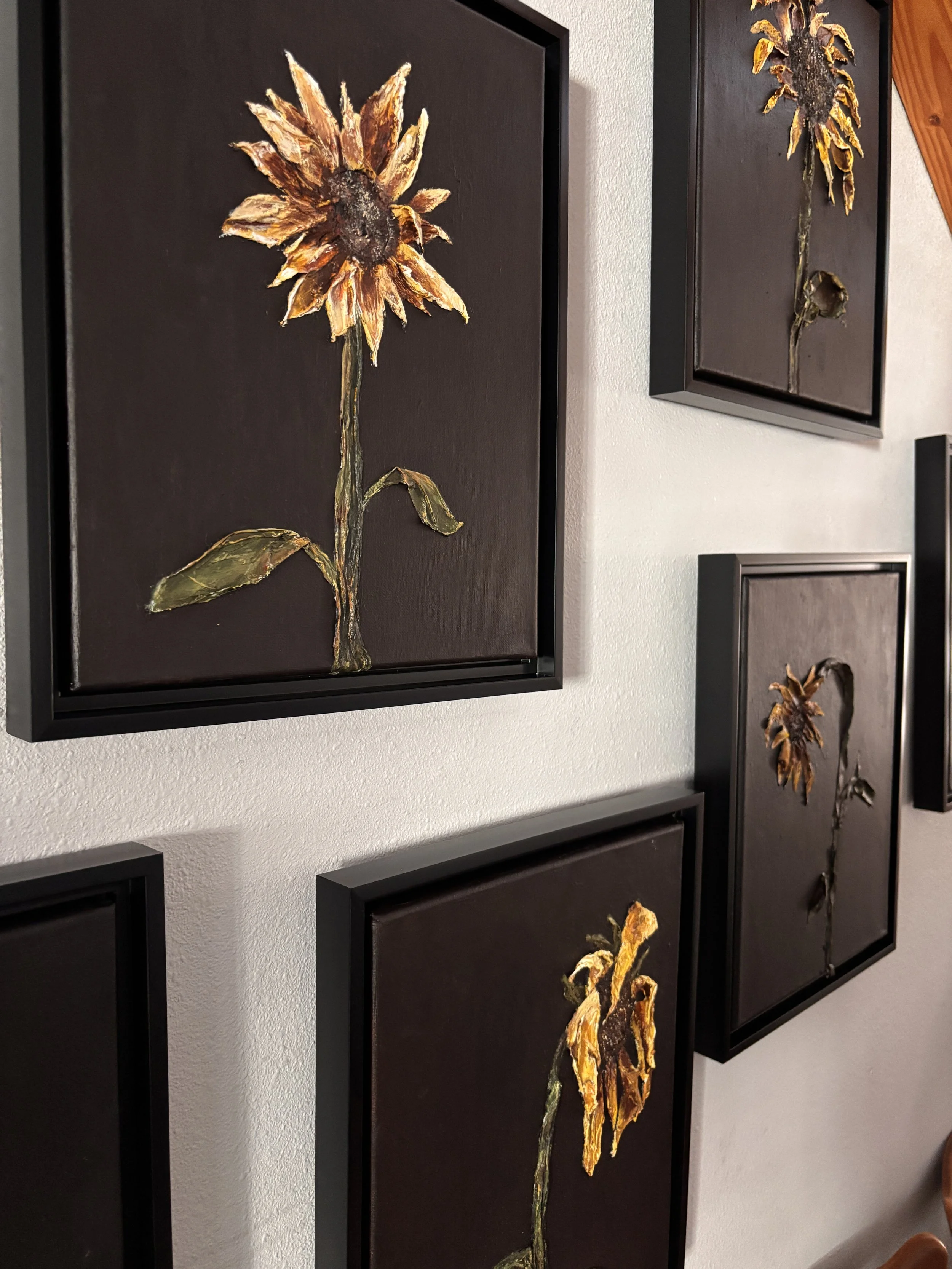 mixed media sunflower paintings on black background, sunflower wall art collection
