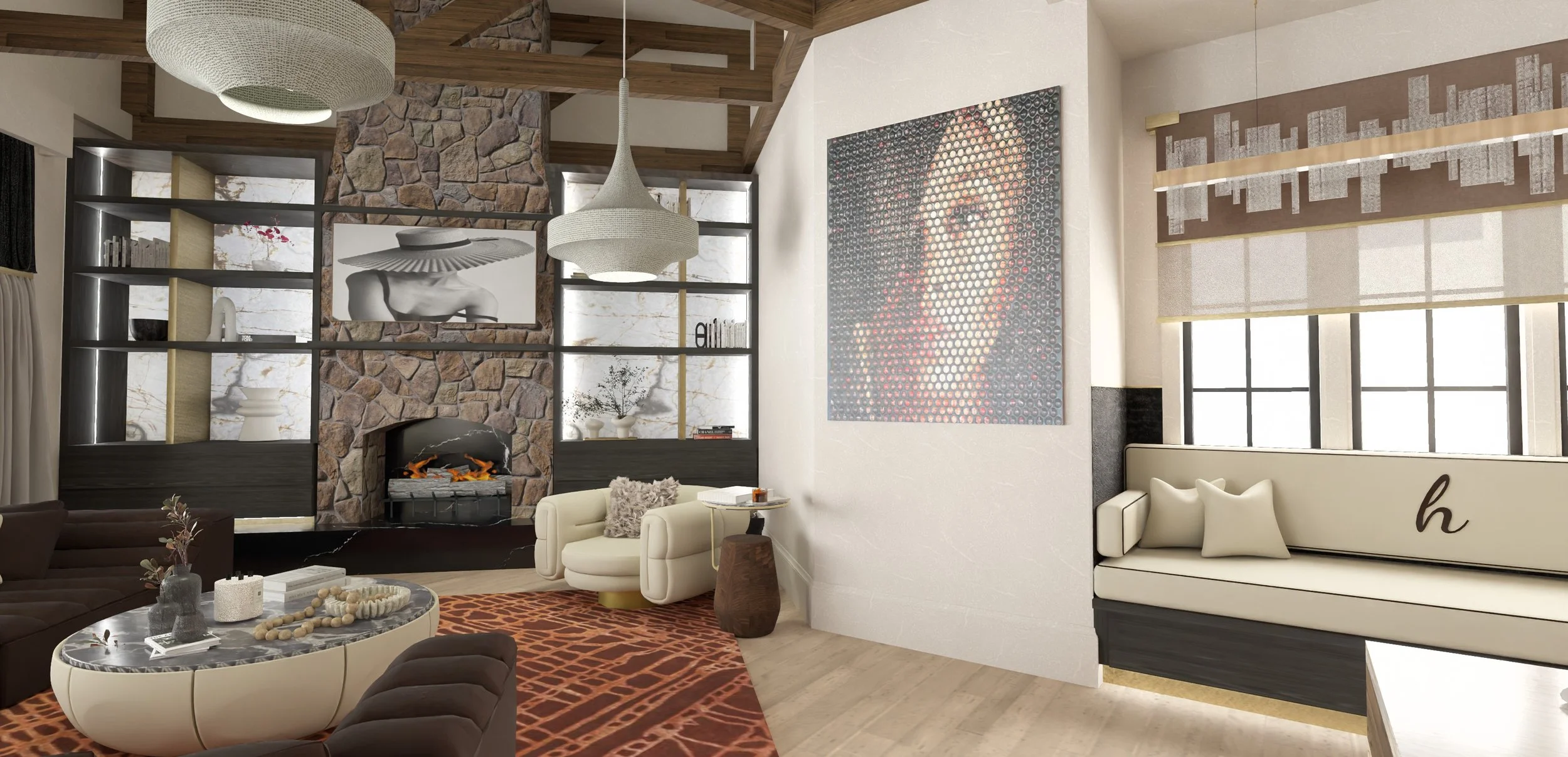 A modern living room with a stone fireplace, built-in shelves, contemporary artwork, a white couch with pillows, a round marble coffee table, and large windows with blinds.