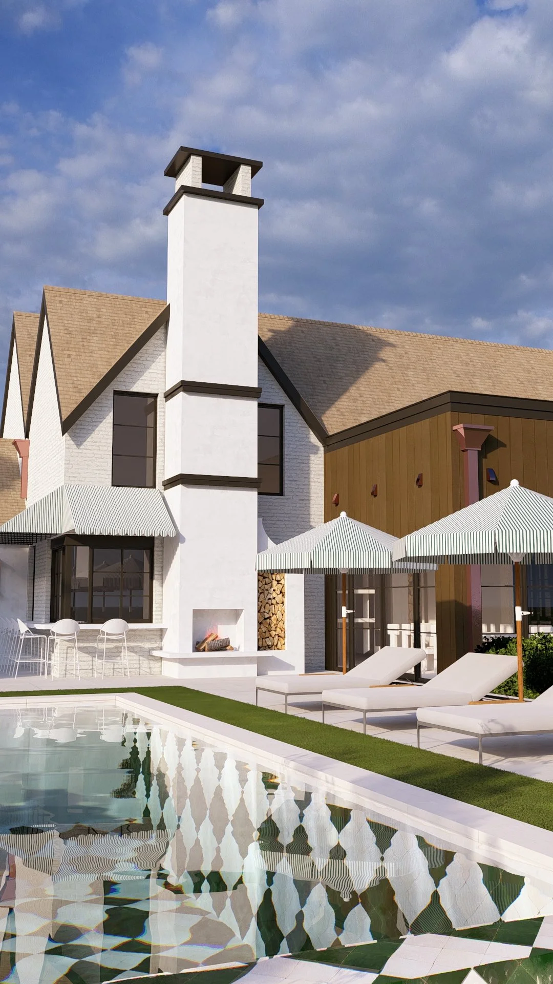 Modern house with white brick and wooden exterior, outdoor fireplace, pool, and lounge chairs with umbrellas, under a partly cloudy sky.