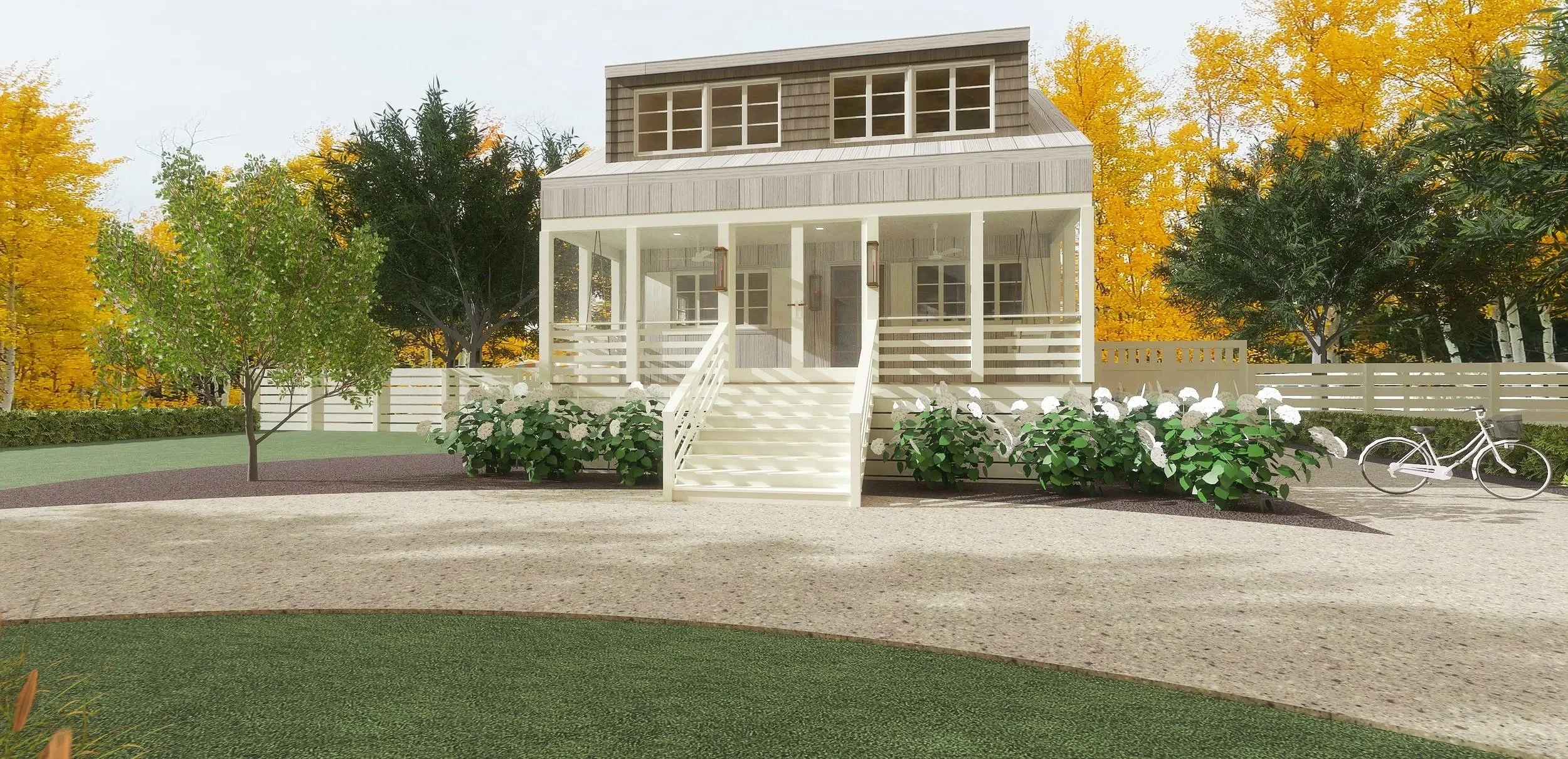 A modern house with white stairs leading to a porch, surrounded by trees with green and autumn leaves, white flowers, a white bicycle, and a fence in the background.
