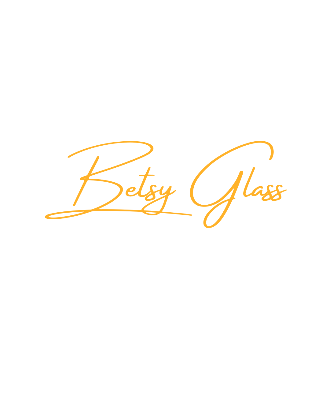 Black logo with a cat silhouette and elegant orange cursive text reading 'Betsy Glass'.