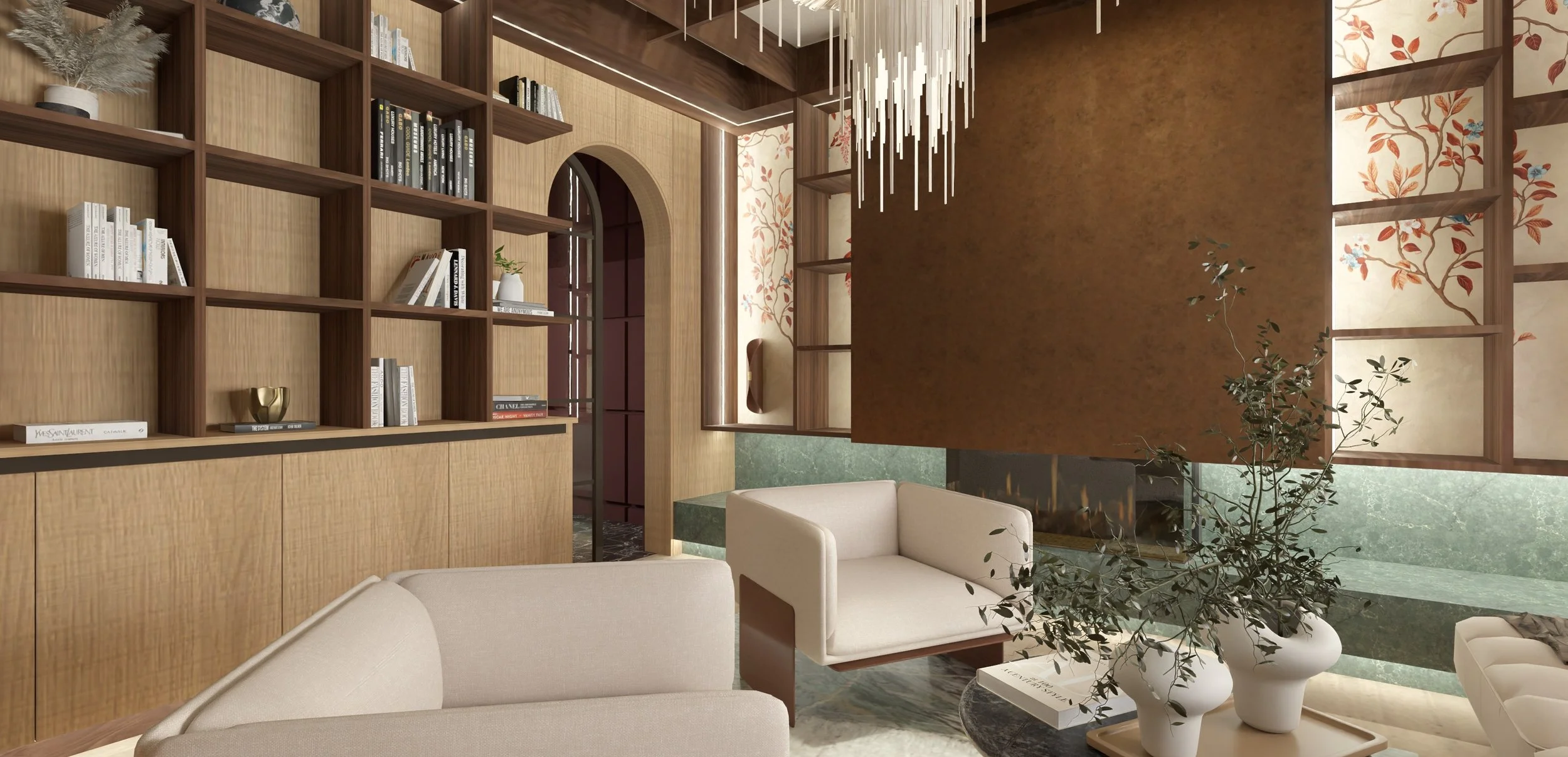 Library Lounge Custom Cabinetry Modern Fireplace