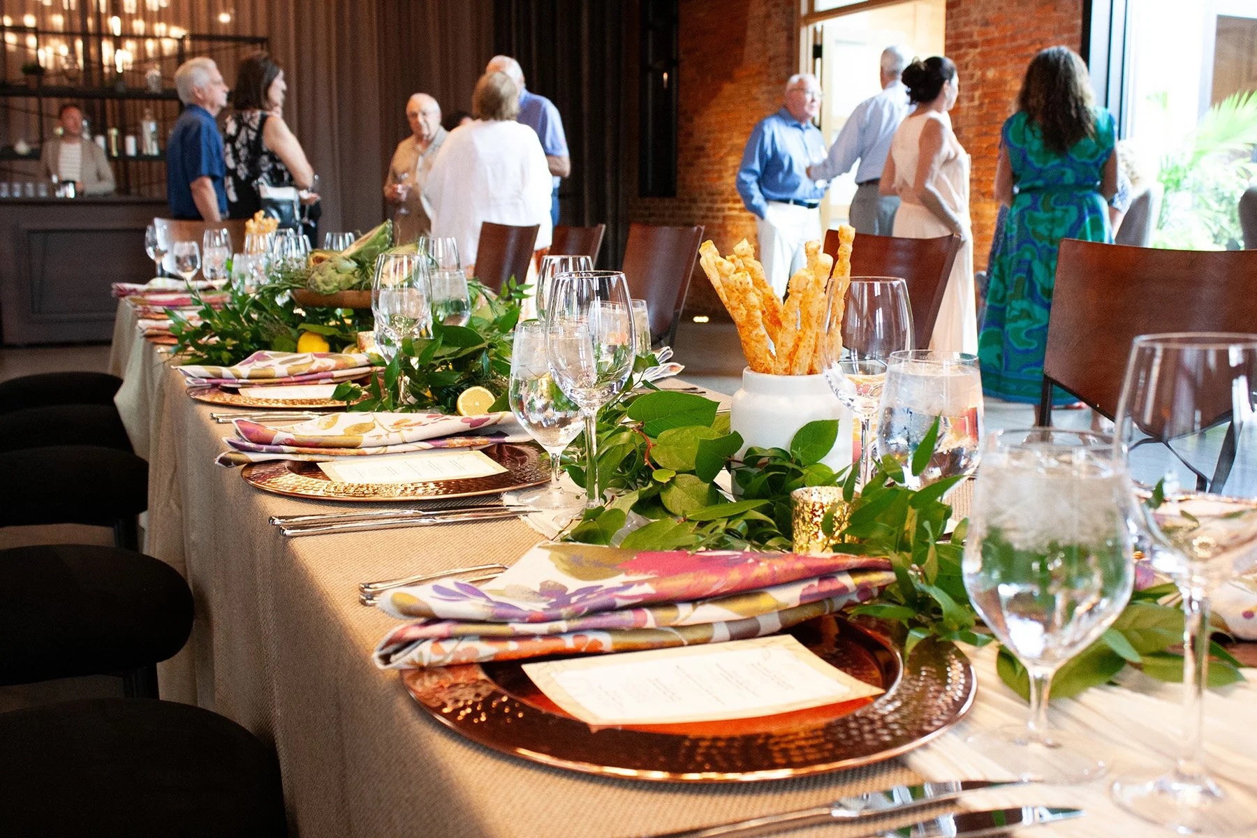 A table is set for a private wine tasting dinner at an event space in downtown Columbus, Ohio