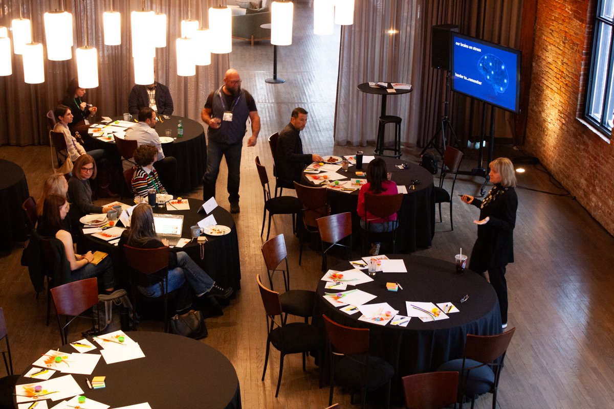 Above view of a corporate presentation in a unique, industrial event venue in German Village, Columbus, Ohio.
